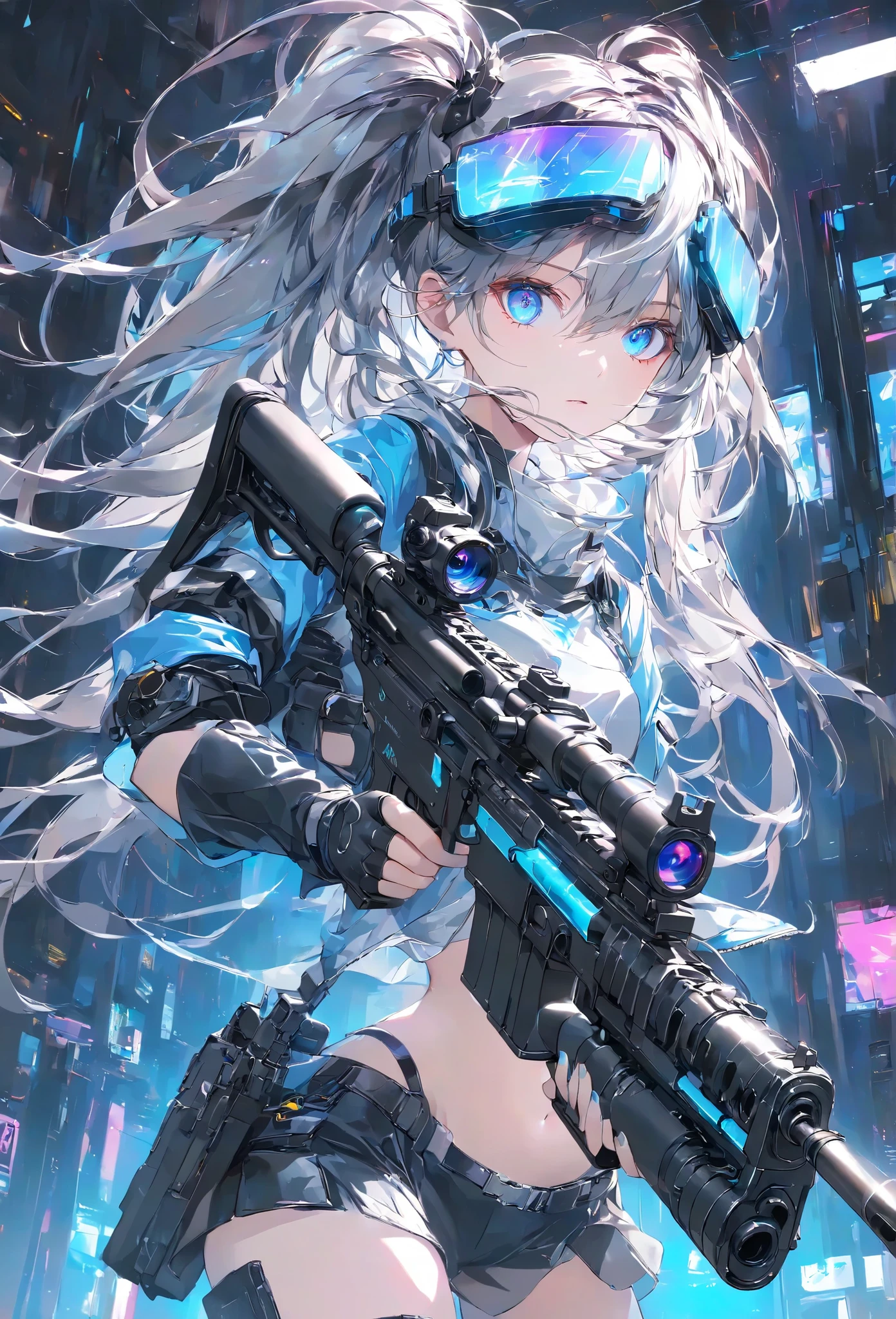 Masterpiece, High Quality, High Definition , High Resolution, High Sensitivity, Depth, 16k, Makoto Shinkai Illustration, Ultra Fine, Hyper-reality, Digital Painting, Neon Color, Cyberpunk, Science Fiction, One Girl, Small Breasts, Beautiful Face, Nice Legs, Long Eyelashes, Fair Skin, Blue Eyes slit eyes, glowing blue eyes, short gray hair, mechanic suit, body armor, mechanical hair piece, head mounted display, antique firearm, lever action, assault rifle, M4 carbine, gun held in front of her, anatomically correct handle, muzzle pointing toward her (muzzle: 1.1), cinematic angle.