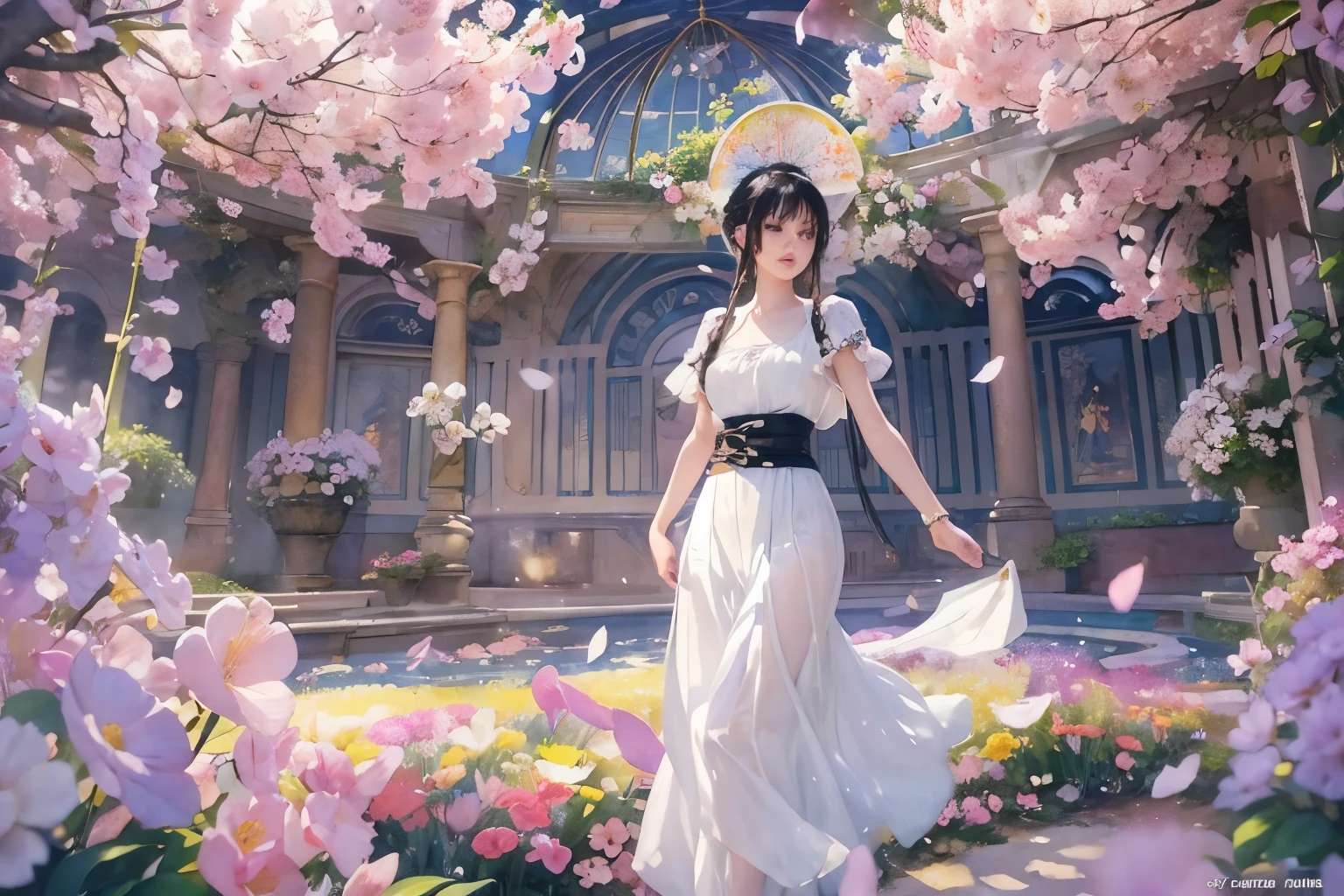 ((masterpiece)), ((One beautiful woman:1.5)),White sleeveless,Yellow belt、Floral decoration,Deep purple、White floral embroidered skirt,Short Necklace,White sleeveless haori
