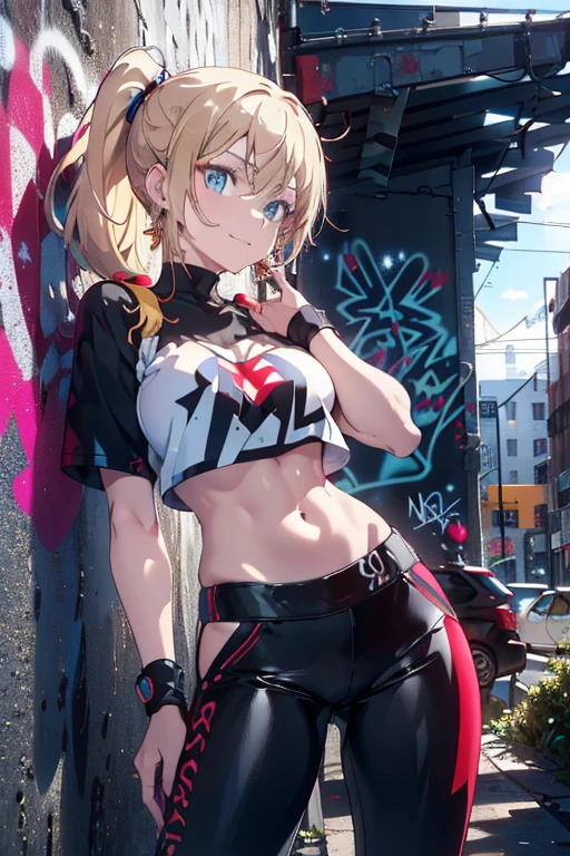 (from below:1.2),(from side:0.9), ((Face)), (Close-Up:0.9), (A masterpiece of image quality in 8K),(Beautiful Allafed Woman),(((emphasizing breasts:1.1))),(Dynamic angles),(Dynamic and sexy bending pose:1.1), bright color, from behind Her view ,Alone, 1 girl, 💫, ⭐️, 🌟, ✨, streetwear ,Vans, cropped t-shirt, pants, that improves white space , earrings, Joint, ( flashy accessories ), fashionable clothes, ( fashion model pose :1.3), dynamic angle , seductive gaze , Confident Expression, nice, seductive smile, fashion magazine photos, Trendsetter , high fashion, snapshot, [belly button],❤️, multi-colored long hair leaning against a graffiti wall neon color, nice, dramatic, detailed background,Urban, Leaning against a graffiti wall, Bad boy, ( full body:0.8), sharp concentration, perfect hand, PERFECT FACE, perfect eyes, Perfect light, dynamic light, natural light, Masterpiece, best quality , very aesthetic, is ridiculous, up to date, AI-generated, complicated, Tanya DeGrechaff, blue eyes, Blonde, o, side lock, stupid hair, ponytail on noodles,Looking at Viewer