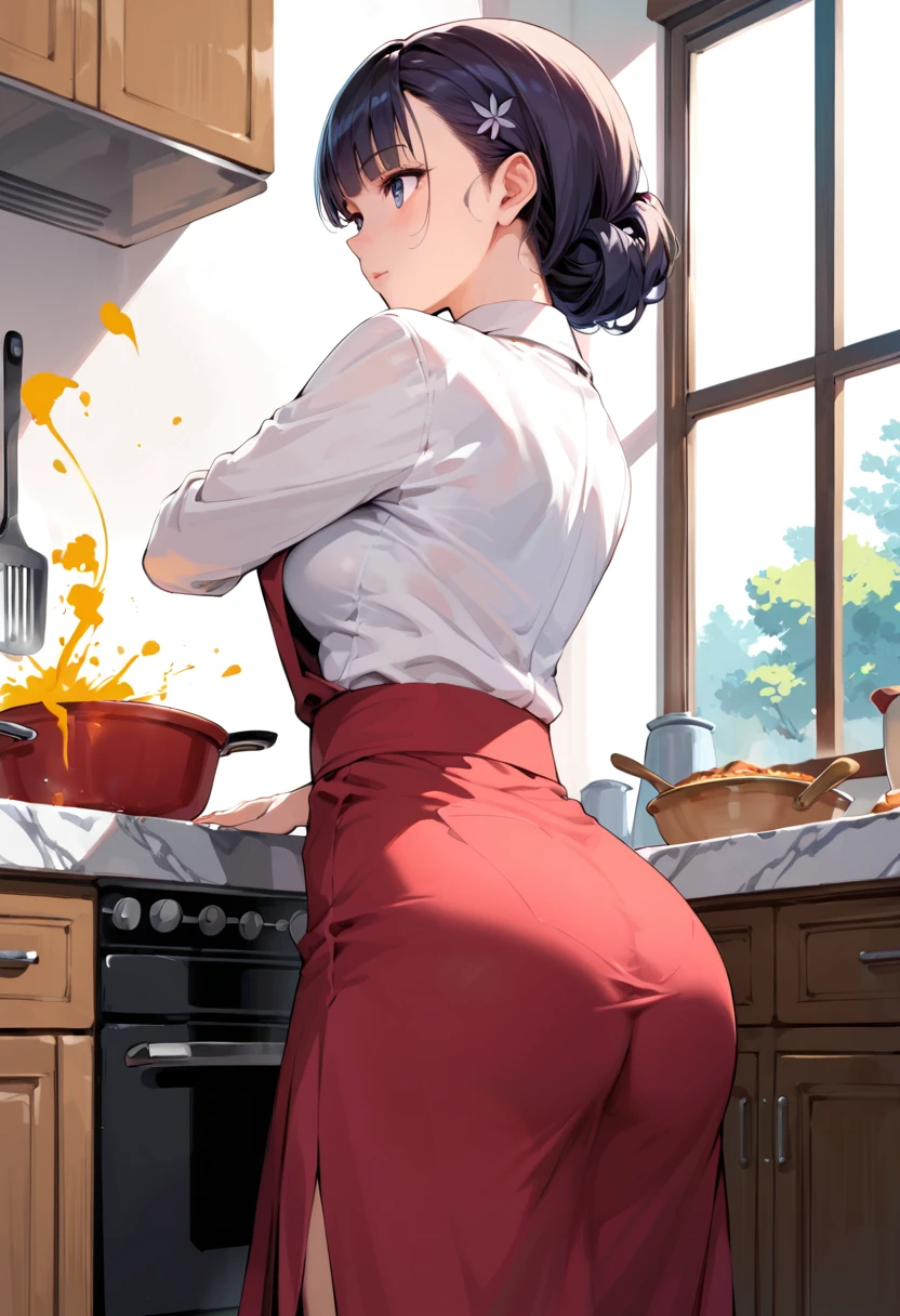 Married women、Married Woman、40 years old、Side Ponytail、wedding ring、Knitted sweater、Tight Skirt、Black Pantyhose、panties under pantyhose、kitchen、Highest quality, smile, Humming、Black lace panties, Big 、Big Ass、Plump thighs、Holding a ladle、The pot is boiling、I'm cooking、Sweaty pantyhose、Point your big ass at me、slouch、Panty lines、Large amount of food
