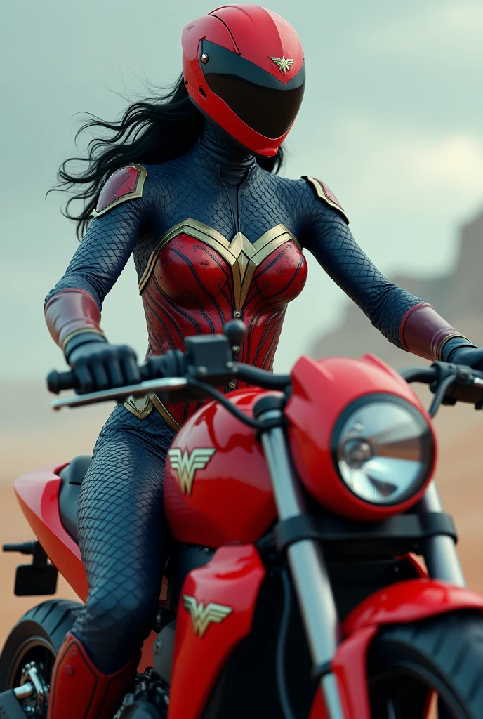 (((From extreme close-up a beautiful black-haired woman under the cloak of the Amazon warrior Wonder Woman wearing a navy blue leather jumpsuit with scales covering her neck,torso and forearms (((Red corset in armor))) red helmet with Wonder Woman emblem on the front long red boots up to her knees riding a big red futuristic high displacement motorcycle Wonder Woman logos on the motorcycle)))