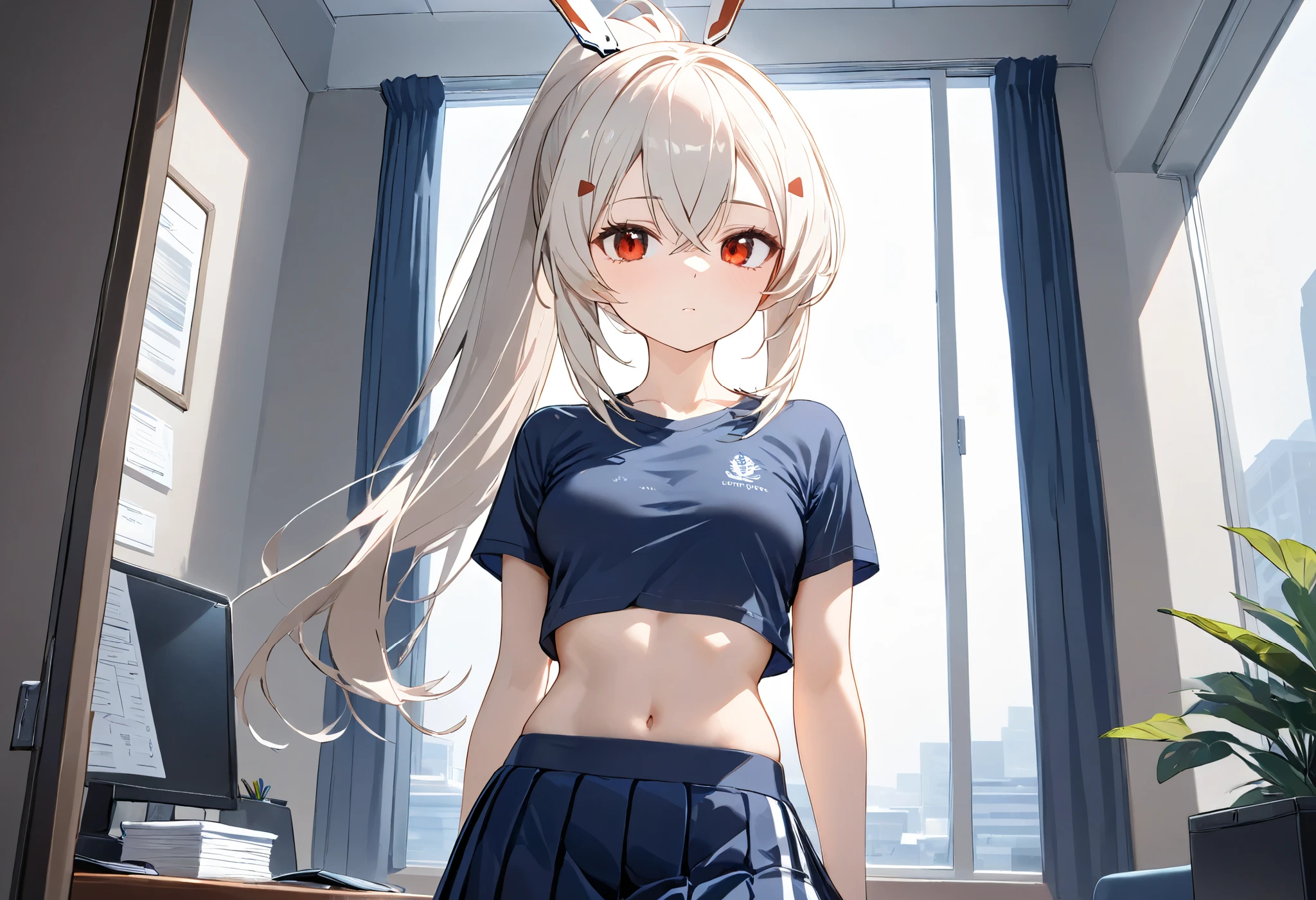1girl,solo,office,indoors, navy blue t-shirt, dark blue skirt, pleated skirt, medium breasts, red eyes, long hair, masterpiece, high quality, beautiful, ponytail, expressionless, :|,midriff peek, sexy, pretty, platinum blonde hair,crossed bangs, petite, slender, (toned:1.1), (ayanami_azur_lane: 0.6)