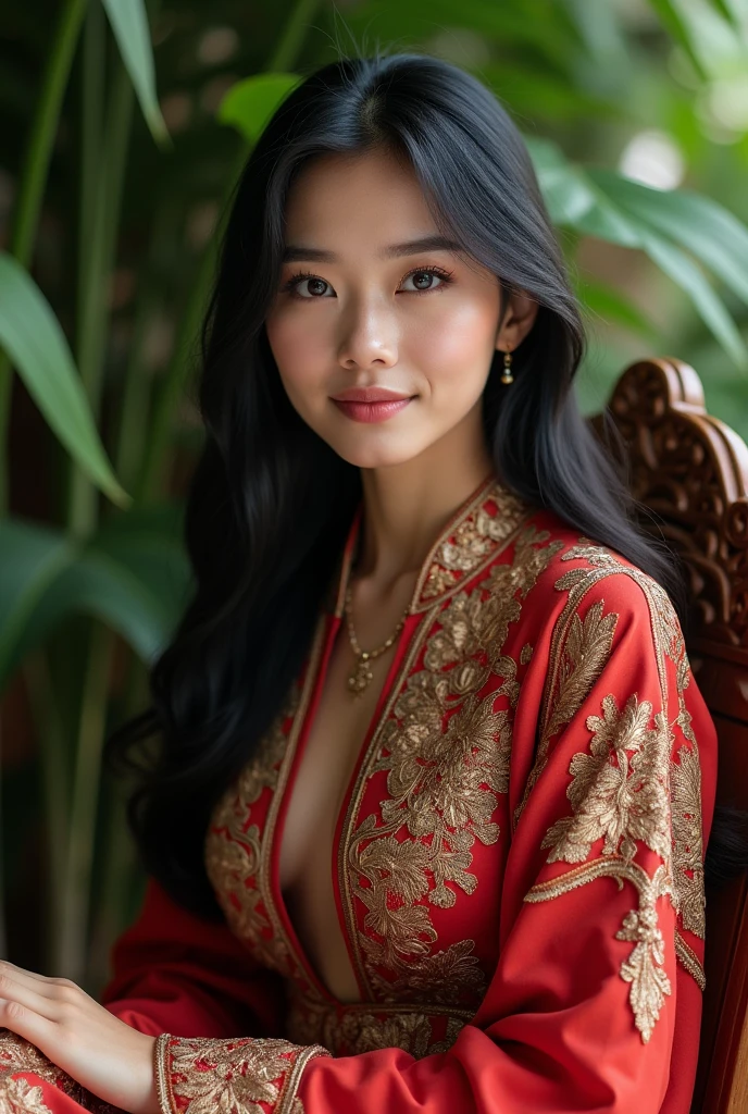 make a realistic image of a beautiful  25 year old Indonesian woman, wearing a traditional Indonesian kebaya sitting on a chair, full body image resolution 4K