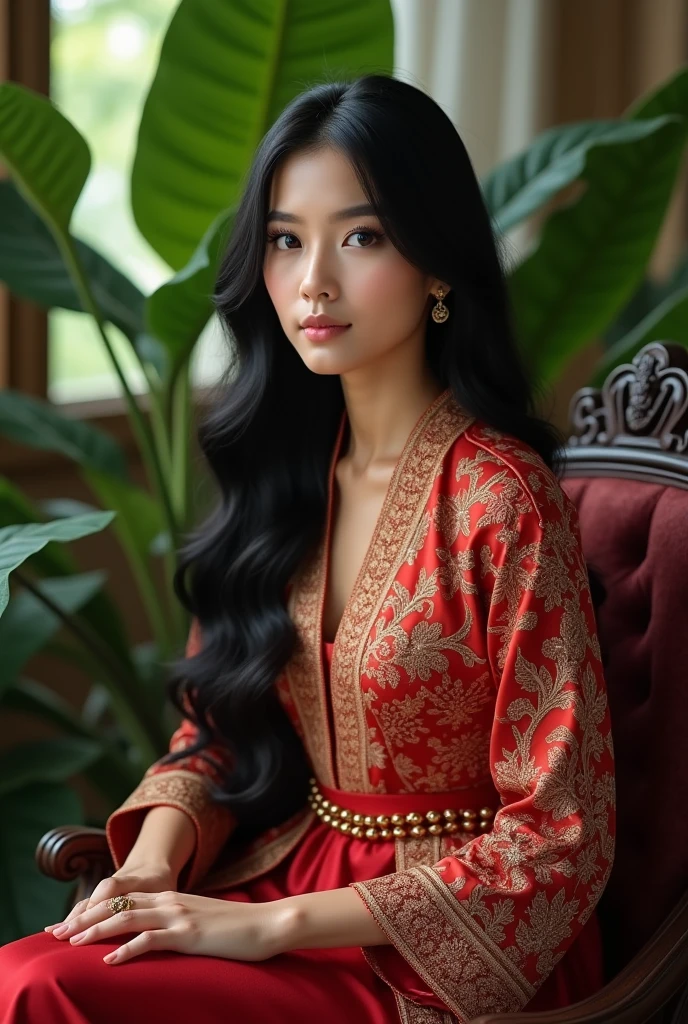 make a realistic image of a beautiful  25 year old Indonesian woman, wearing a traditional Indonesian kebaya sitting on a chair, full body image resolution 4K