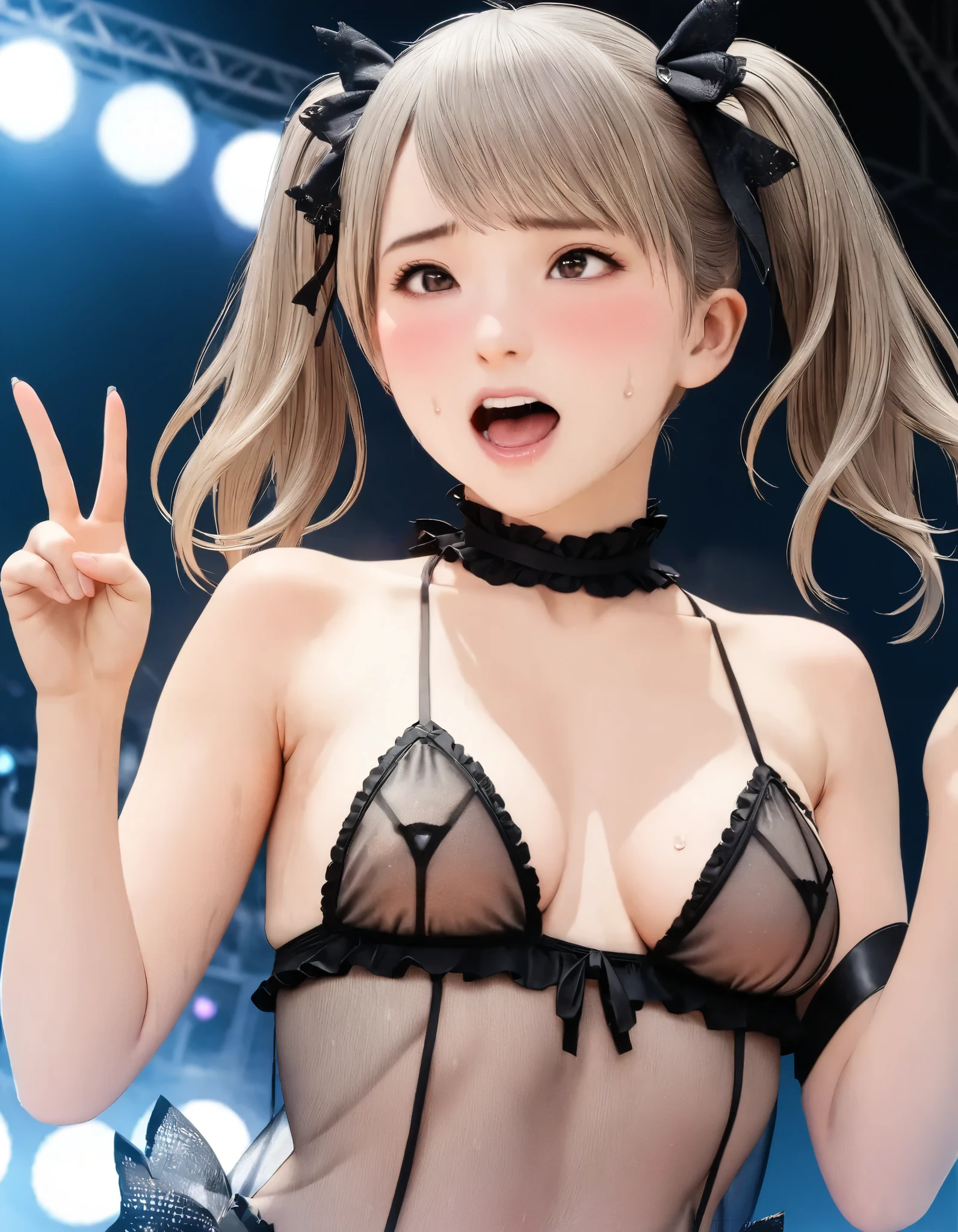 (best quality, 8k, high resolution:1.2), 1girl, FINAL FANTASY XII, Ashe, idol, twin tails, micro lingerie made of see-through material, sex, orgasmic spasm, peace sign, sweat, stage, upper body