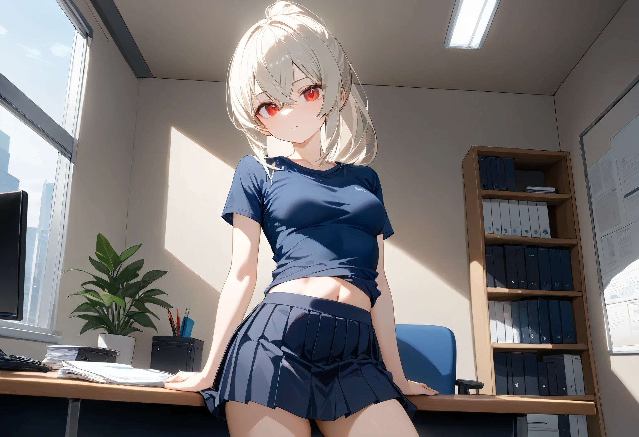 1girl,solo,office,indoors, navy blue t-shirt, dark blue skirt, pleated skirt, medium breasts, red eyes, long hair, masterpiece, high quality, beautiful, ponytail, expressionless, :|,sexy, pretty, platinum blonde hair,crossed bangs, petite, slender, (toned:1.1), (ayanami_azur_lane: 0.6)