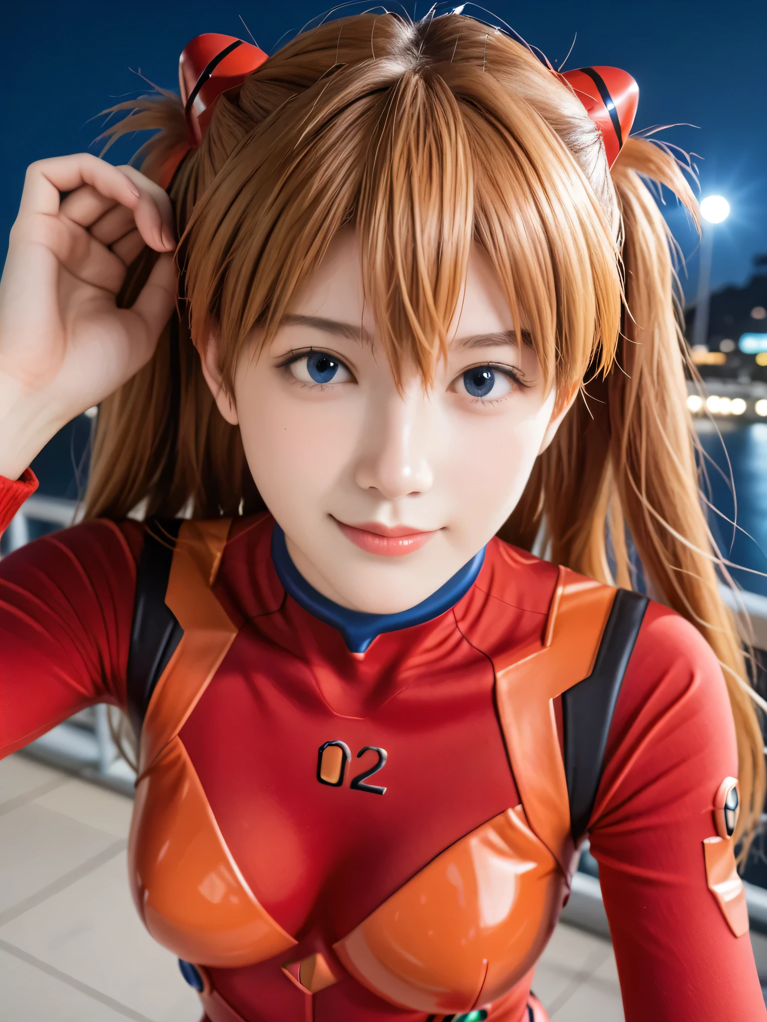 score_9, score_8_up, score_7_up, (masterpiece, best quality), ((((RAW photo, best quality, realistic, photo-realistic)))), ((((photorealistic)))), (((19 years old))), (((19-year-old))), 1girl, asuka langley soryu, (souryuu asuka langley:1.5), blue eyes, hair between eyes, headgear, interface headset, orange hair, ((((red bodysuit)))), long sleeves, plugsuit, red bodysuit, depth of field, perspective, sharp focus, Detailed face, ((((medium breasts)))), light smile, ((solo)), busty, ((1girl)), beautiful breasts, beautiful ass, dynamic angle, love, caring, blush, appreciate, caring eyes, droopy eyes, shiny skin, beautiful breasts, beautiful ass, cute face, (((pretty sister))), ((pretty)), playfully scolding the viewer, Beautiful eyes, (((big eyes:1.3))), (((sensual vibe))), ((((feeling pleasure)))), ((((ideal body)))), ((energetic)),, ((perfect fingers)), (((night))), ((((seductive pose)))), ((((sexy pose)))), (((realistic:1.4))),