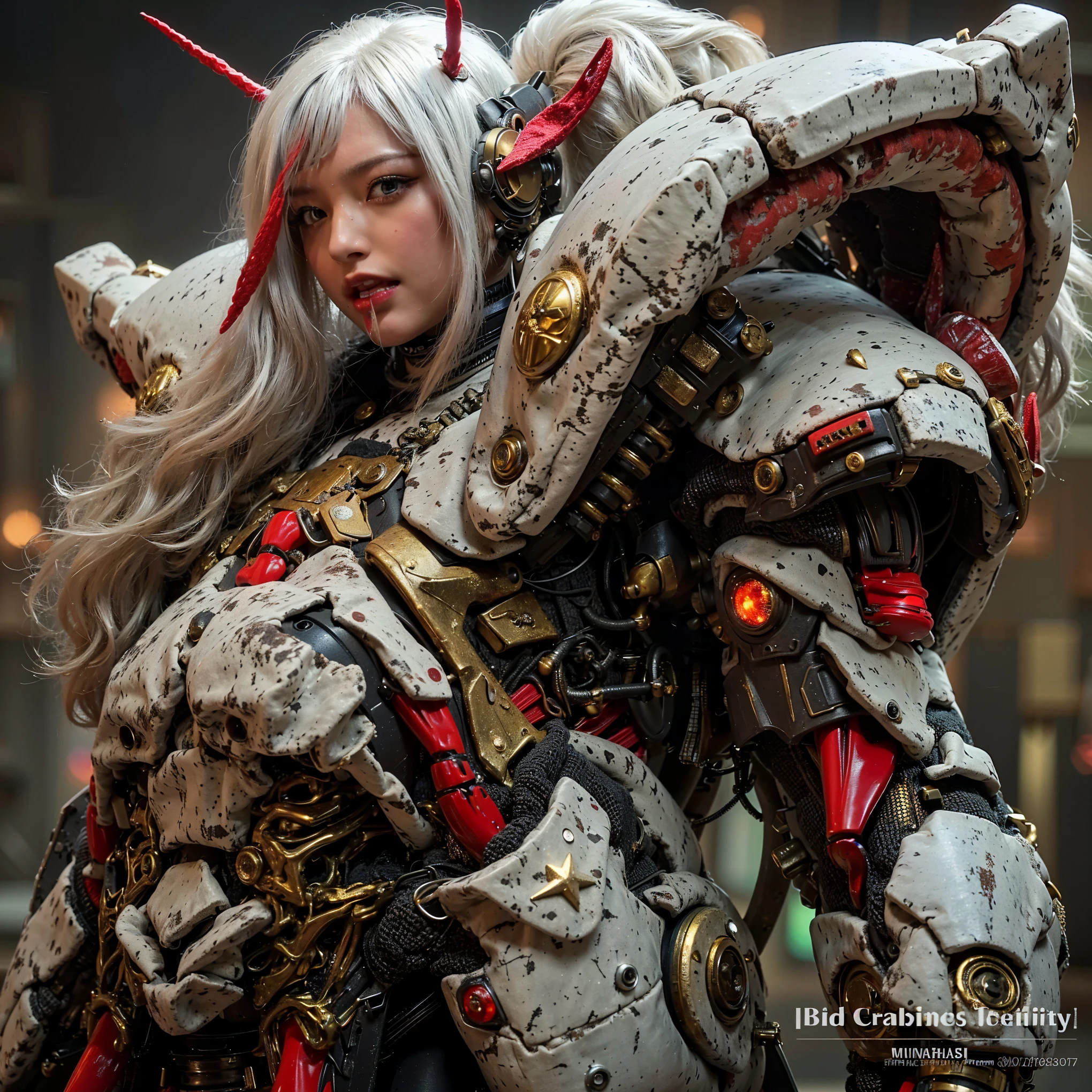 (Completely live action:1.37), (Amazingly realistic textures:1.37), (masterpiece, best quality:1.2), (8k uhd, 16k, 32k, ultra high res), amazingly realistic skin, amazingly realistic photo, superrealism, (photorealistic:1.37), (RAW photo), ultimately realistic, (ultimately realistic all details), (ultimately realistic all textures), super realistic lighting, super realistic shadow, (japanese girl:1.5), (realistic idol face), smiling, happy, super realistic face, ultimately realistic skin, ultimately realistic eyes, (mascara:1.35)ultimately realistic background, ultimately realistic detail up, (kkw-ph1:1.25), (Canon EOS R6, 85mm, 1/200s, f/5.6, ISO 1600), (tattoo), (mechanical armor:1.37), (blue eyes:1.2), (silver hair:1.3),