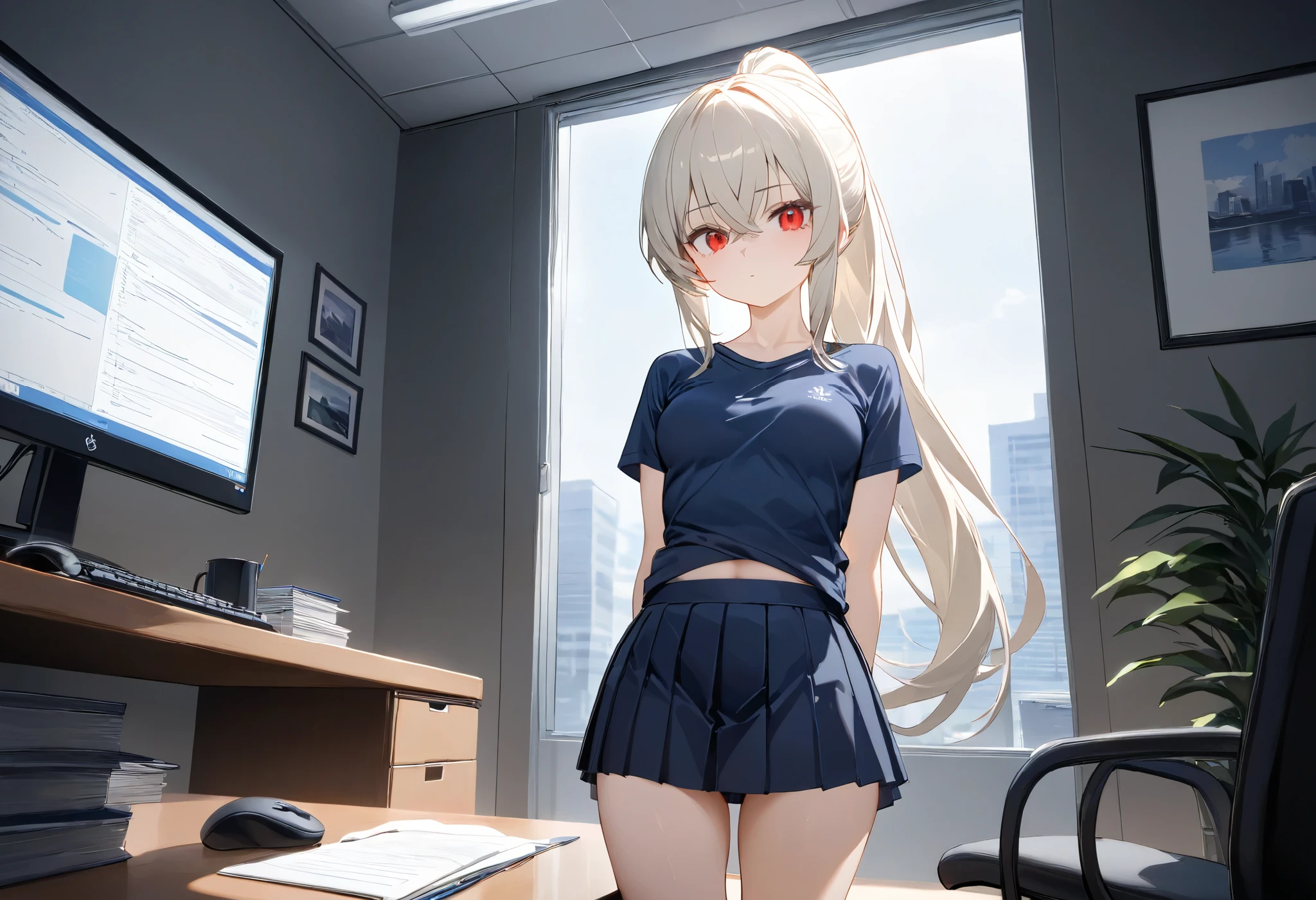 1girl,solo,office,indoors, navy blue t-shirt, dark blue skirt, pleated skirt, medium breasts, red eyes, long hair, masterpiece, high quality, beautiful, ponytail, expressionless, :|, platinum blonde hair,crossed bangs, petite, slender, (toned:1.1), (ayanami_azur_lane: 0.6)