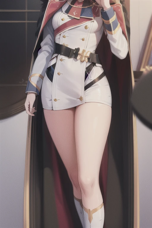 Full body, White one-piece military uniform,(masutepiece:1.2, Best Quality), (finely detailed beautiful eye: 1.2), (beautifull detailed face), High contrast, (Best Illumination, extremely delicate and beautiful), ((Cinematic Light)), Dramatic light, Intricate details, red eyes, large full breasts、Belt under boobs、White military uniform, White skirt,pale gray hair, (Pale white background:1.5), Wolf cut hair, Look at me and smile, Black tie