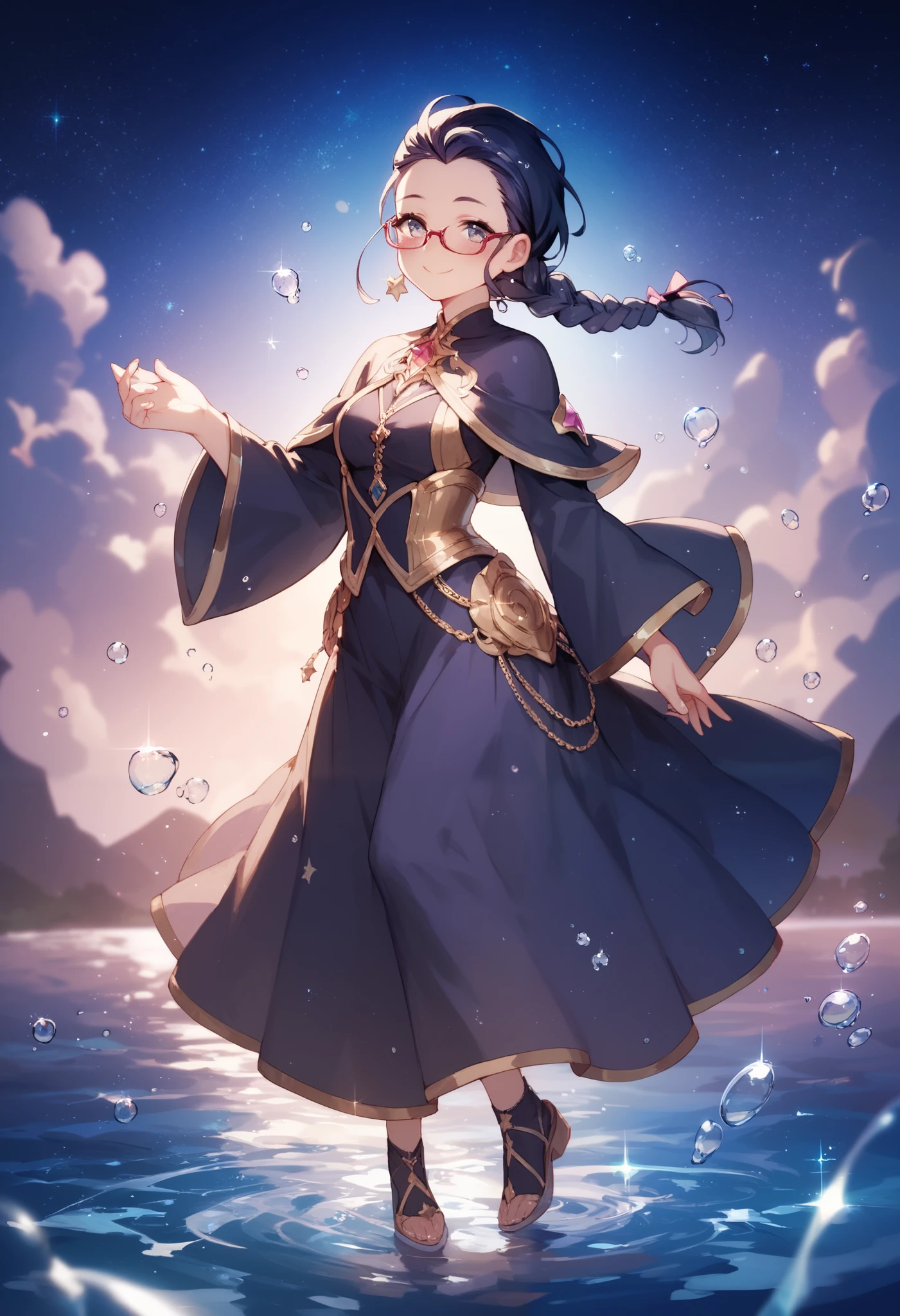 manga style,alone,full body,smile,(black single braid,forehead,glasses),Black Wizard's gorgeous costume,,night,starry night,, absolute domain:1.3, Sensual,Water Drop,blush,