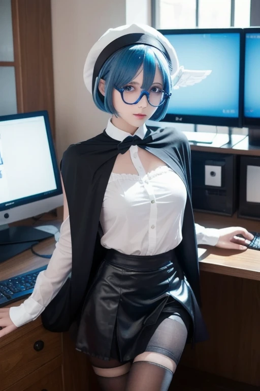 1girl, lilla evil, blue hair, blue eyes, short hair, black capelet, skirt, white pantyhose, blue demon wings, blue-tinted eyewear, mini hat, computer monitors room, phantom thief hideout, half breast exposed, areola