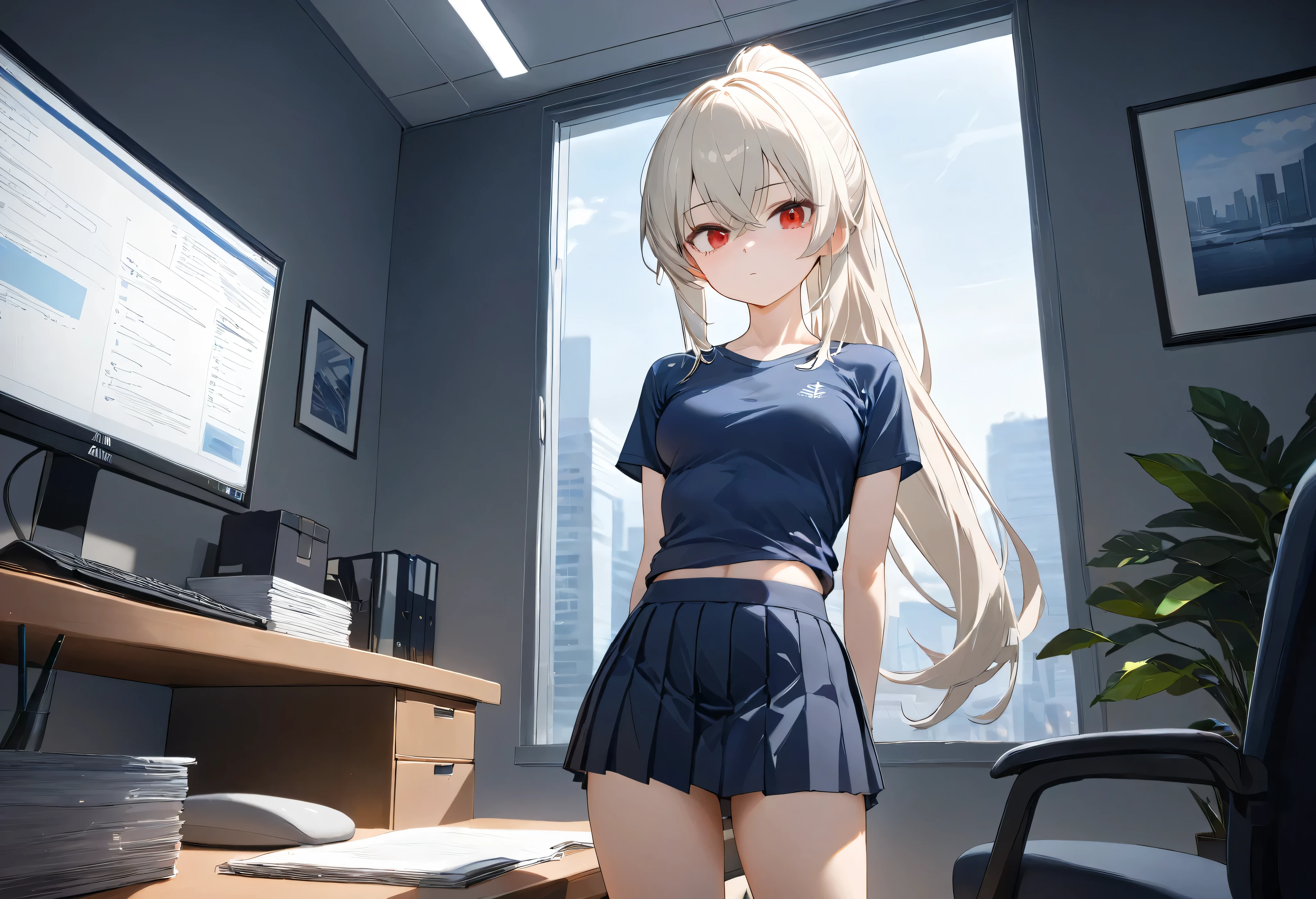 1girl,solo,office,indoors, navy blue t-shirt, dark blue skirt, pleated skirt, medium breasts, red eyes, long hair, masterpiece, high quality, beautiful, ponytail, expressionless, :|, platinum blonde hair,crossed bangs, petite, slender, (toned:1.1), (ayanami_azur_lane: 0.6)