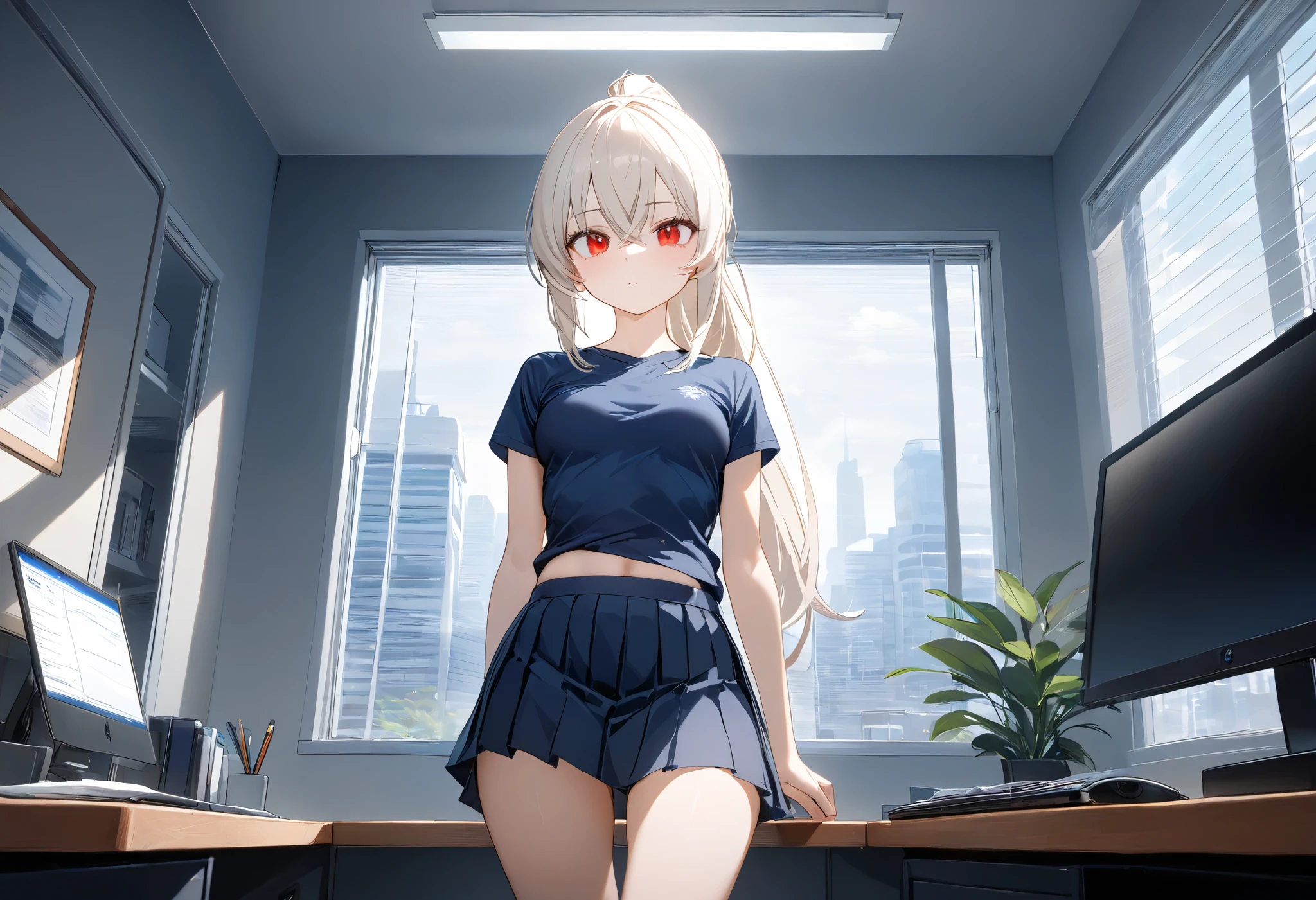 1girl,solo,office,indoors, navy blue t-shirt, dark blue skirt, pleated skirt, medium breasts, red eyes, long hair, masterpiece, high quality, beautiful, ponytail, expressionless, :|,  platinum blonde hair,crossed bangs, petite, slender, (toned:1.1), (ayanami_azur_lane: 0.6)