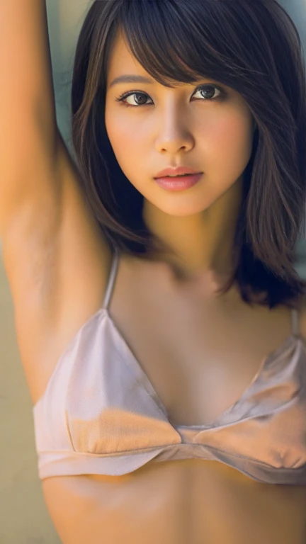 Master piece, top quality, illustration, ultra-definition, detail, high resolution, 8K wallpaper, perfect dynamic composition, upper body, beautiful eyes in detail, woman in her 40s, middle-aged woman, playboy model, natural lips, beige lingerie, big breasts, Asian woman, gravure pose, provocative pose, sexy pose, nipple protrusion visible