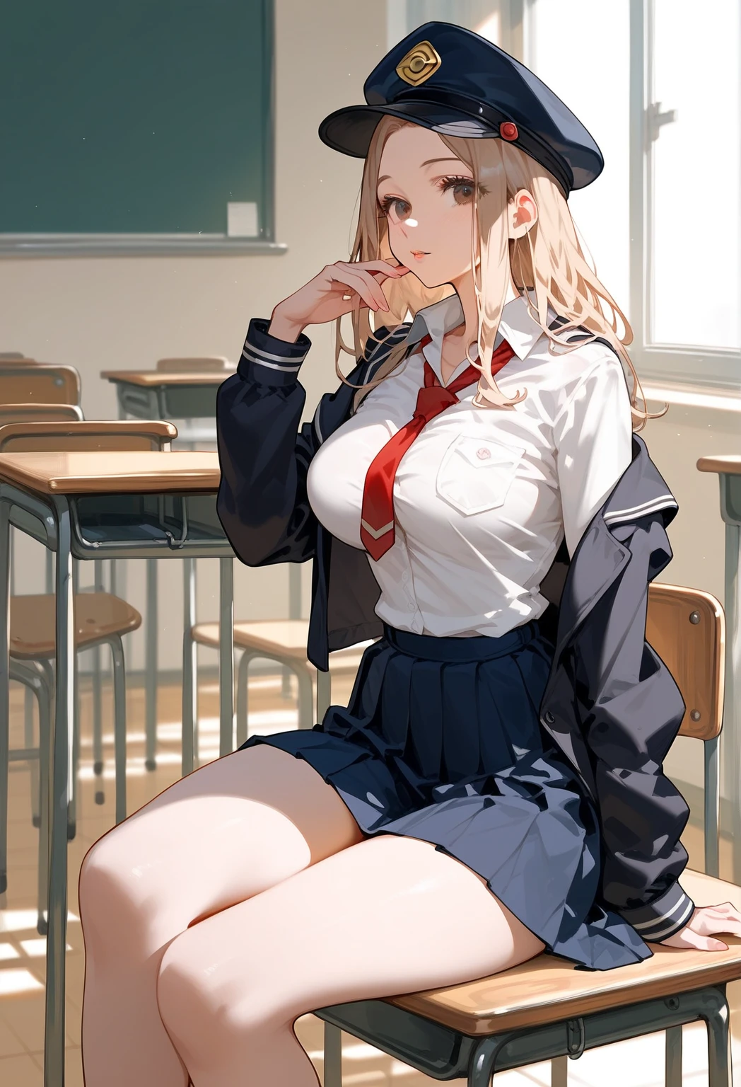 anime artwork, score_9, score_8_up, score_7_up, score_6_up, score_5_up, score_4_up, r,Camie Utsushimi, light brown hair, dark brown eyes,, breasts, , big breasts, at school, (school uniform:1.2), sit on desk, cap, she is 24 years old, striped panties, rating explitic, wet whirt, ,horny, solo, , white stockings, shoes,, masturbation, style_3, text on board