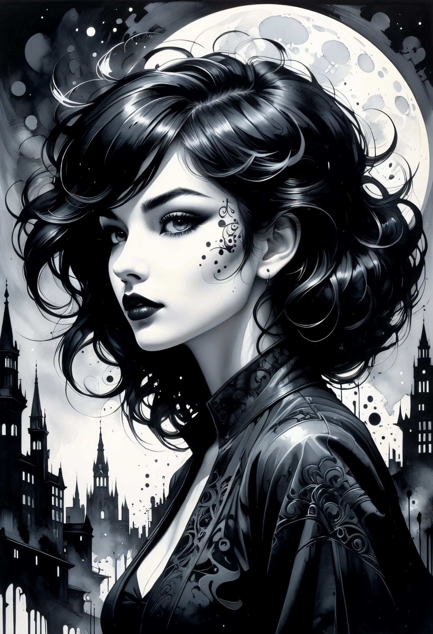 A captivating a woman's profile, with dark hair that seamlessly transitions into abstract shapes and forms. The intricate hairstyle features curls and ink splatters, creating a fluid and dynamic movement. The black and white ink drawing achieves a balance between realistic facial features and abstract form. The overall style is reminiscent of graffiti, typography, and anime, with a touch of dark fantasy and conceptual art. The background is a mysterious, dimly lit cityscape, with tall, gothic buildings and a full moon casting a silver glow, painting, conceptual art, dark fantasy, fashion, vibrant, typography, illustration, graffiti, cinematic, anime, fluorescent horizon, color field painting, sense of depth and intrigue, digital brushstrokes.
Art by Jim Mahfood, Henry Asencio, by Greg Rutkowski, Craig Davison, Jenny Saville, Bernie Wrightson, Frank Frazetta,