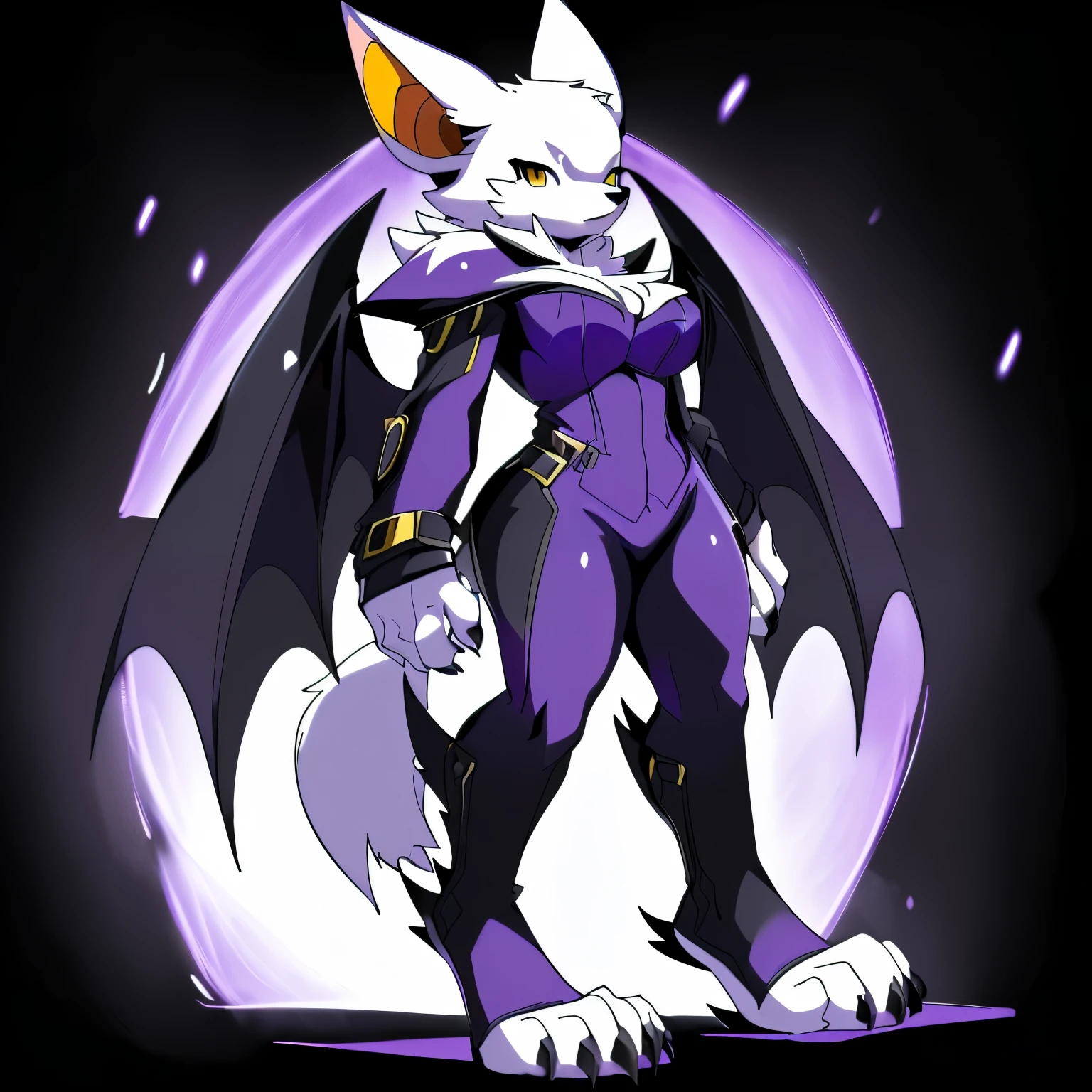 Anime, anime style, ((single person:2)), ((solo drawing:2)), ((solo:2)), ((three-quarter view)), ((Looking to the side)), ((sfw version)), ((female Anthro bat)), ((Tall figure)), ((buxom figure)), ((curvy figure)), ((short white fur)), clawed hands, ((clawed paws)), ((Single Pair of Wings)), ((Huge Bat Wings)), ((Purple and black Bat Wings:1.3)), ((white bat ears)), ((wearing a black and purple outfit)), ((white face)), ((neutral expression)), vivid golden eyes, ((digitigrade legs)), ((digitigrade feet)), ((solid black background)), highly detailed anime style, clean lines, white face, short white muzzle, white furry cheeks, white furry muzzle, ((white foot paws)), ((foot paws with four toes)), ((Claws on paws))