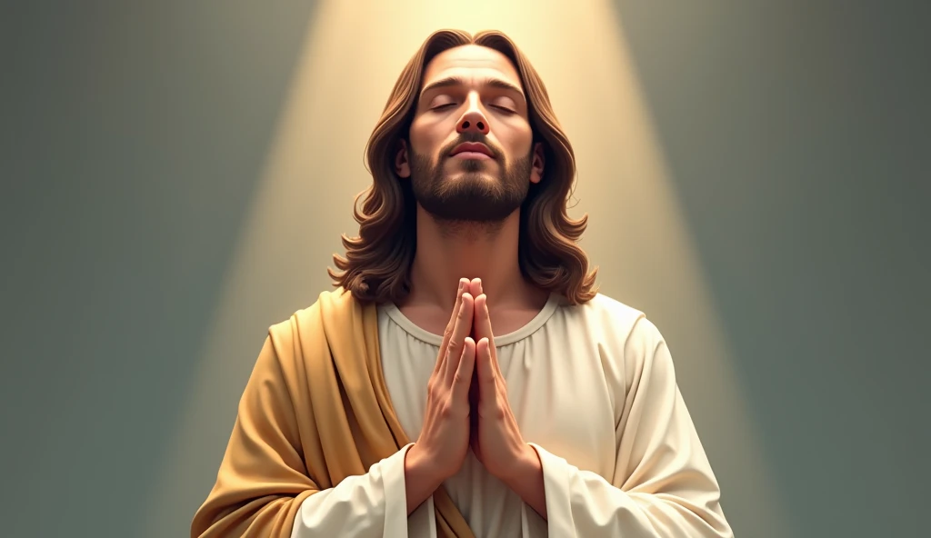 Jesus, dress with white tunics, hands in prayer position, with an aura of golden light over his head, staring directly at camera