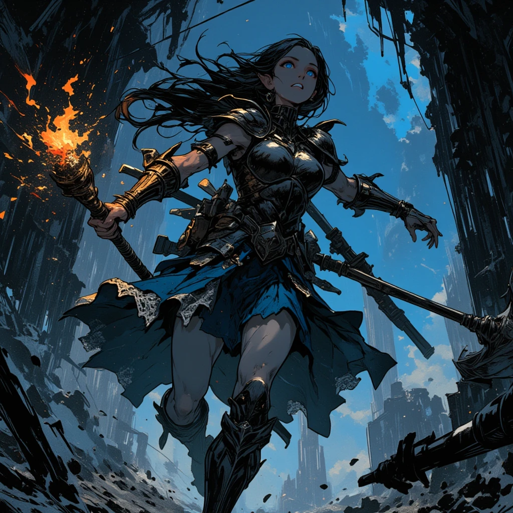 extremely detailed, very sharp, best quality, 4k full length anime woman with very long curly black hair, sharp blue eyes, a slight smile on her face, wearing blue scale mail armor, and punching with her gauntlet covered fist, lightning sparks flying where her fist impacts, a shield in her other hand, knee high boots two legs, two feet, two hands