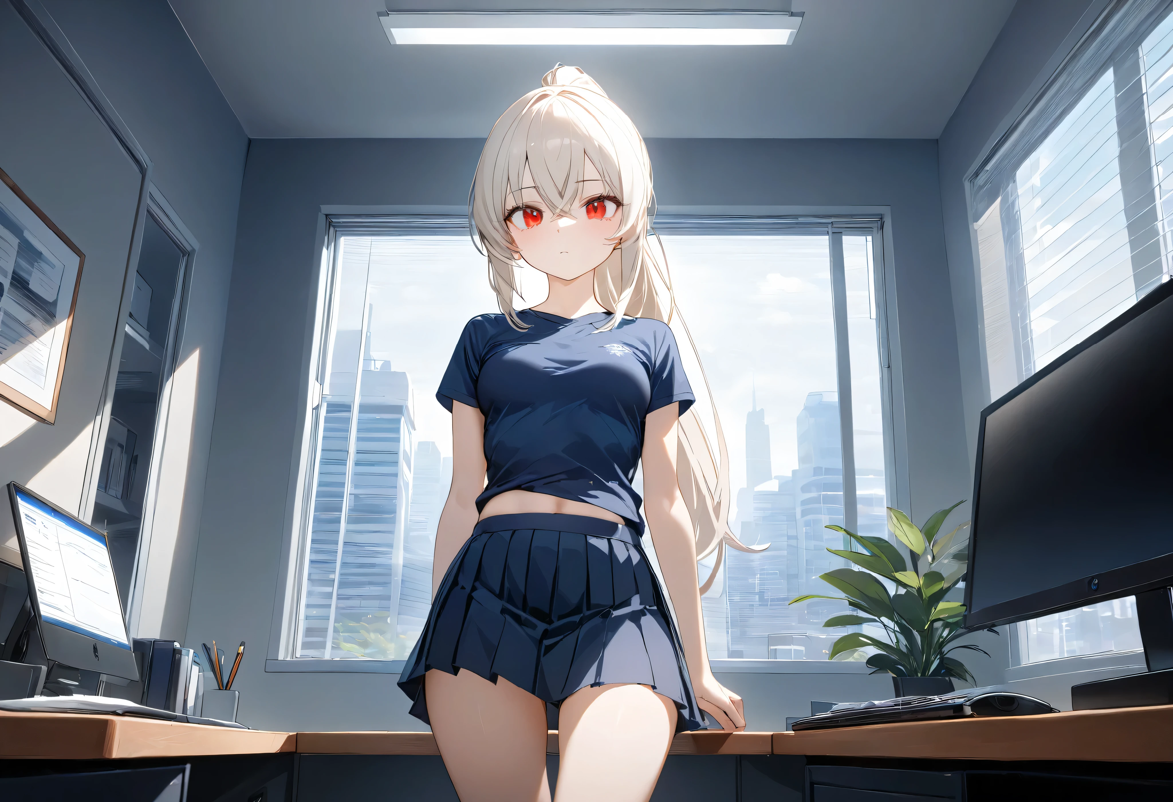 1girl,solo,office,indoors, navy blue t-shirt, dark blue skirt, pleated skirt, medium breasts, red eyes, long hair, masterpiece, high quality, beautiful, ponytail, expressionless, :|, platinum blonde hair,crossed bangs, petite, slender, (toned:1.1), (ayanami_azur_lane: 0.6)
