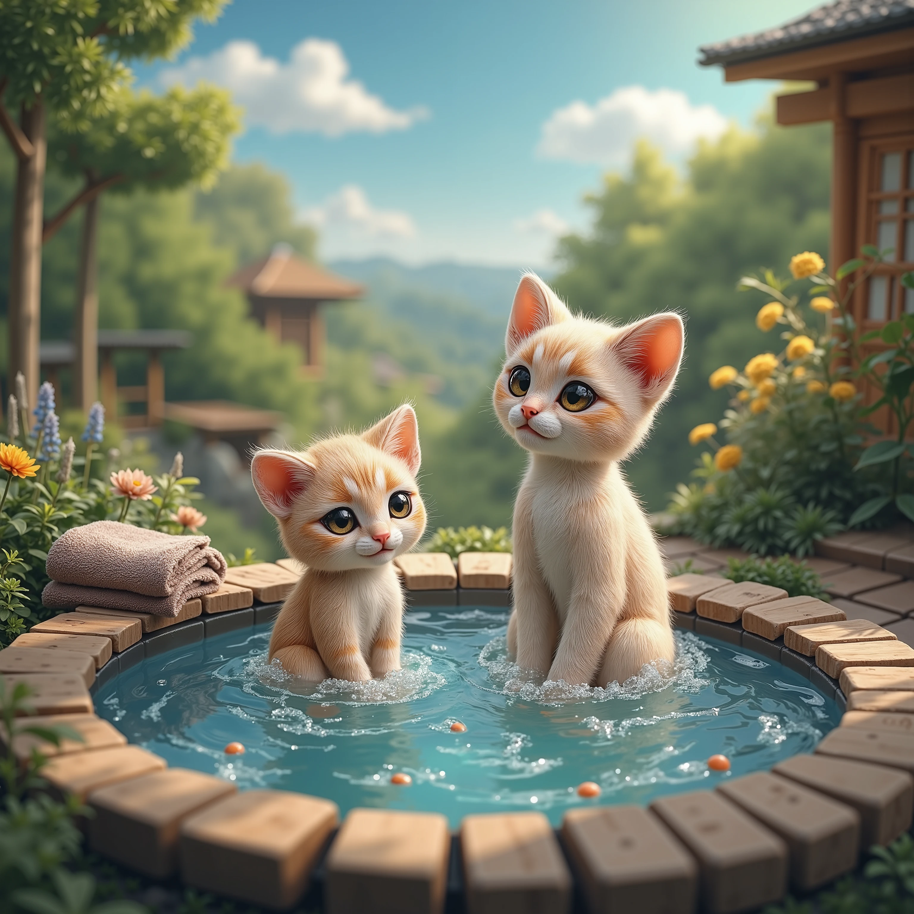a cat drawn in size 25, 2 adorable babys ,Kitten bathing in a hot spring ,Hot springs in the forest , blue sky,Detailed and realistic coat ,,The background is a Japanese garden,Realistic cat standing on 2 legs, eyes are like beautiful marbles , naked taking a bath,A towel is placed,