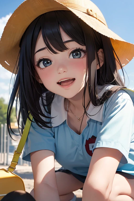 (Details of a very beautiful face), (Best Quality:1.4), 8K resolution, High resolution, 1girl, cute little girl, cute baby of the highest grade, Super cute detailed face, cleavage, (kindergarten_Uniform, wide open chest:1.25), yellow hat, yellow Bag, Black skirt, Large breasts, squat, Realistic, from the front, Spread legs, happy smile, open mouth, look at the viewer, Playing in the sandbox at the children's park