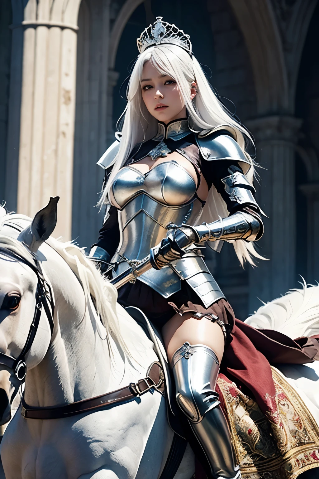 Female , slim smile , white hair , Large breasts,Silver armor panty,tiara crown,wear sword, dramatics , ride a horse , turn back , show her butt