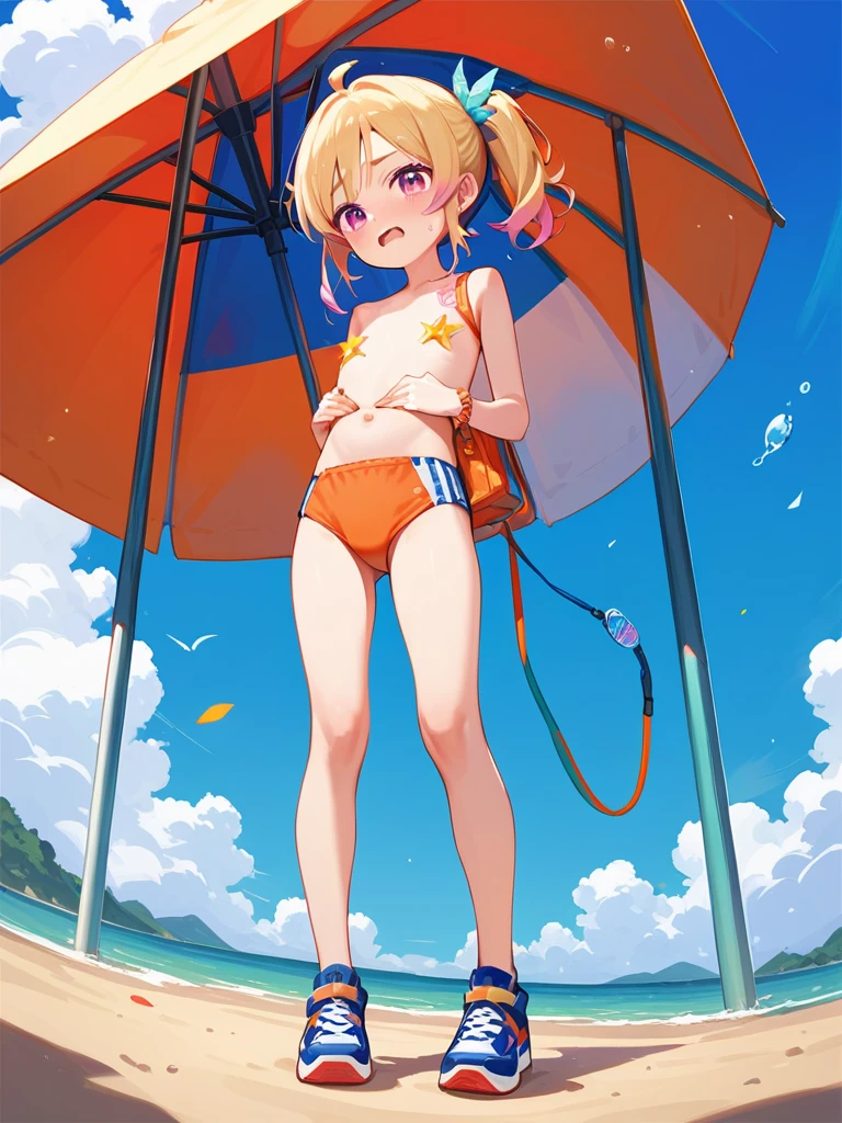 1girl,little_girl,little_body,cute_loli,Emi, two-tone hair, red eyes, pigtail, hair ornaments, bikini, dynamic angle,