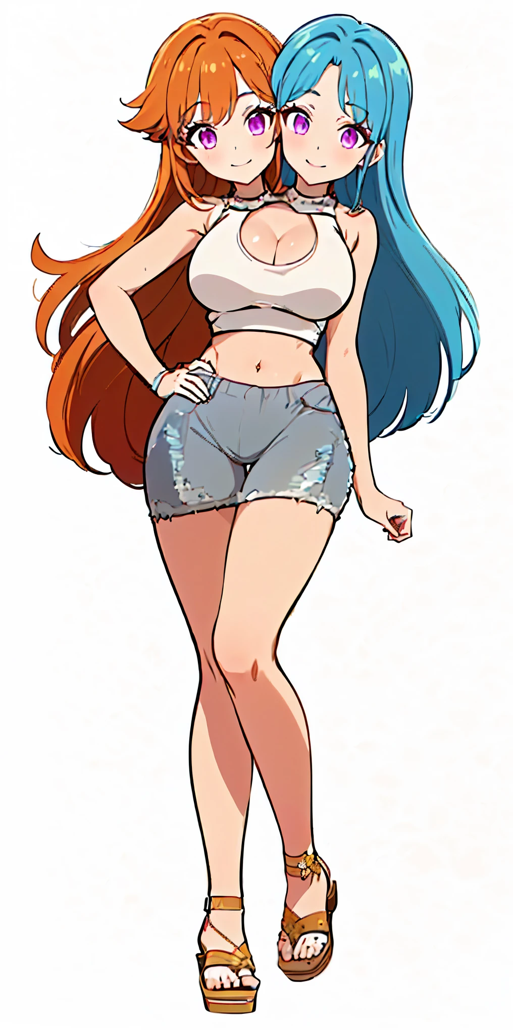 best quality, (masterpiece),(ultra-detailed), (high quality), (high resolution), ((2heads:1.5)), best quality:1.5, highres, UHD, 16K), ((two headed woman)), smiling, highres, masterpiece, ((vibrant orange hair:1.5)), ((vibrant blue hair:1.5)), ((different hair colors)), cleavage, ((white crop top:1.5)), lustrous and smooth skin, seductive silhouette, rpg fantasy dress, sexy proportions, Beautiful girl with accentuated slender abs, ((full body)), ((exposed midriff)), body con dress, strapless, sleeveless, magenta violet eyes, ((long hair)), ((sandals)), dark gray shorts