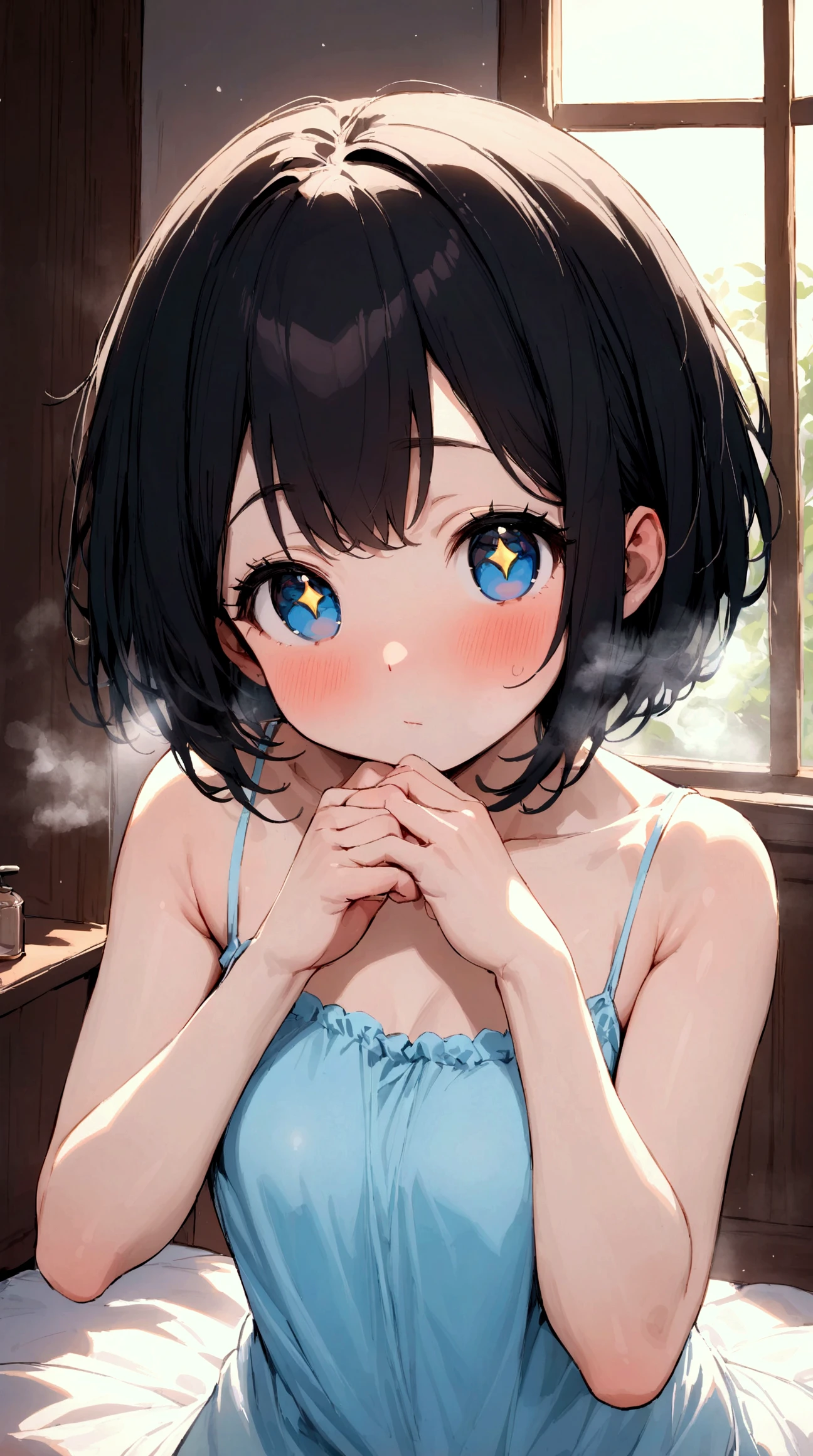 ((Highest quality)), ((masterpiece)), (detailed),(（nymph）),13 years old, Black Hair,(Childish face), (Bob Hair), Girl ,small Breasts , ((topless)), ((Blue eyes)),shy-smile,  ((white Bathrobe)), Bedroom ,((extreme_close_up)) , ((crawling position)), ((seductively posing)),
