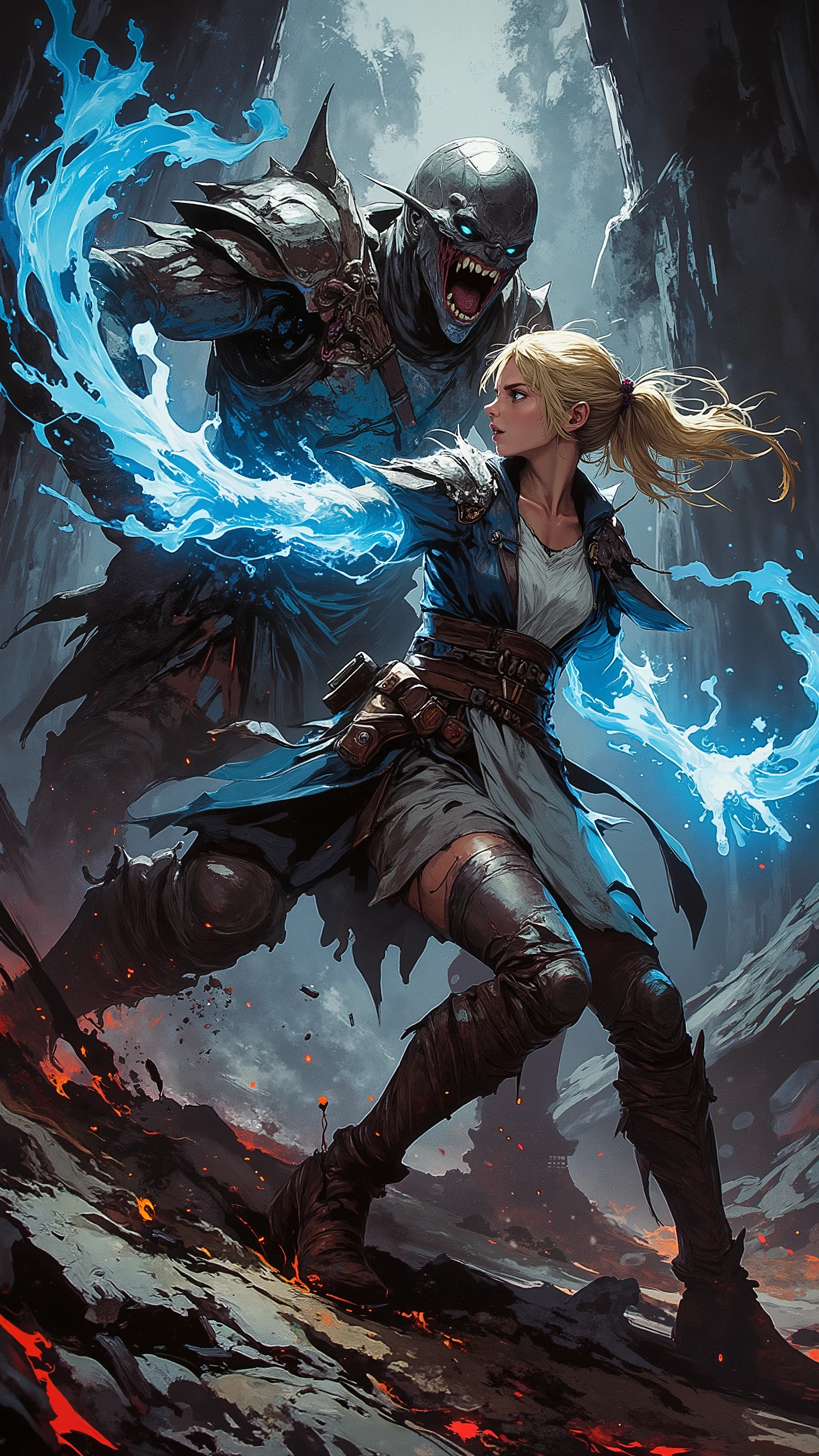 Two fighters confronting each other, a female mage casting spells against an enraged warrior, a tall warrior confronting a mage, fantastic combat, magic effects around the characters, dirty and torn clothes, slightly bloody clothes, best quality , better light, better color, dynamic posture, dynamic point of view, combat movement, blurred background.
