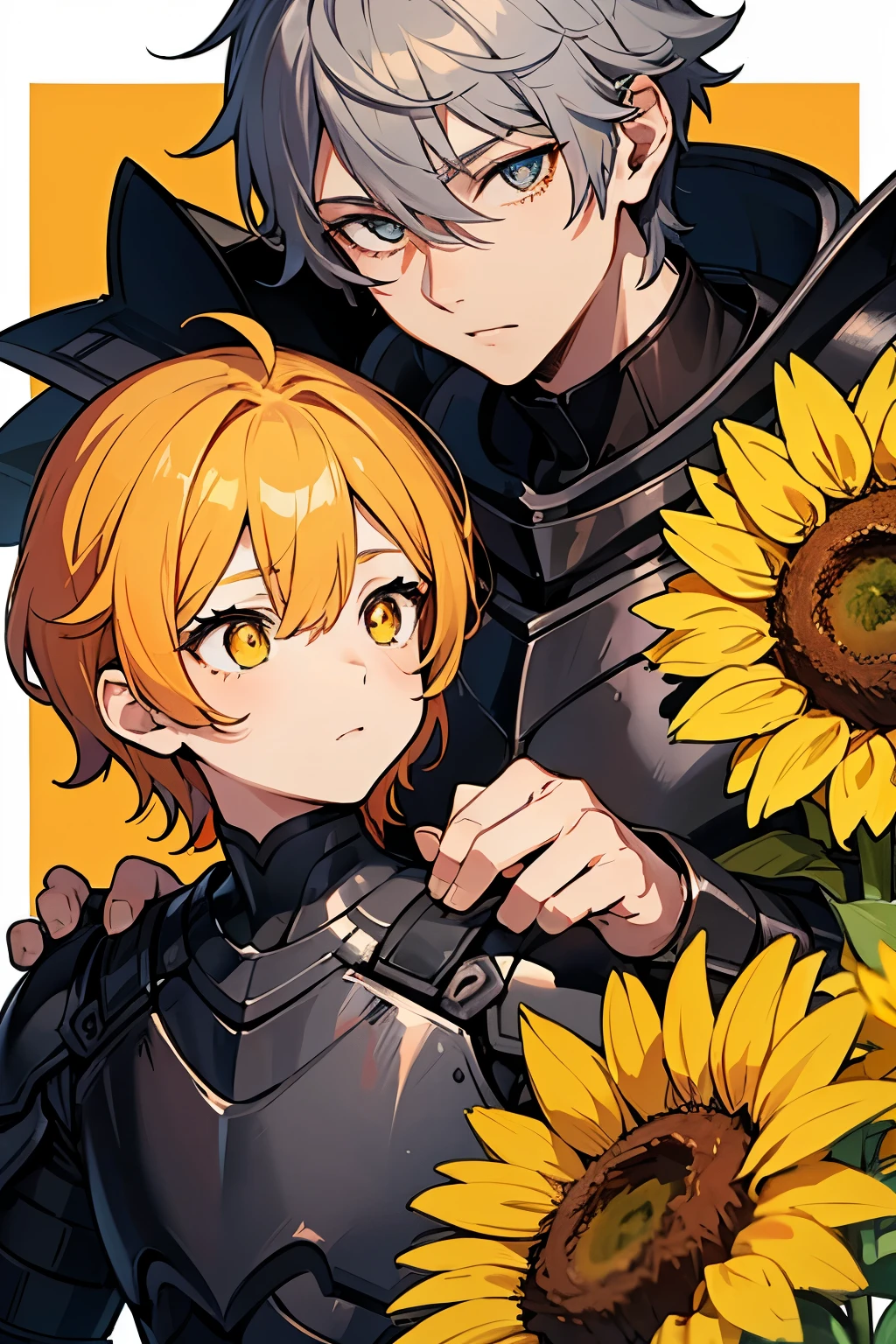 boy ,pale skin, eyes of an intense yellow , a sunflower yellow mixed with a fiery orange, His hair was light ash , and on each arm I had two stripes , dressed in a style of armor without covering his arms and with a penetrating but sweet look , extending a hand between flowers other than sunflowers , The boy's hair was gray , and I need him to look a older , his pupils have to be orange and his iris yellow