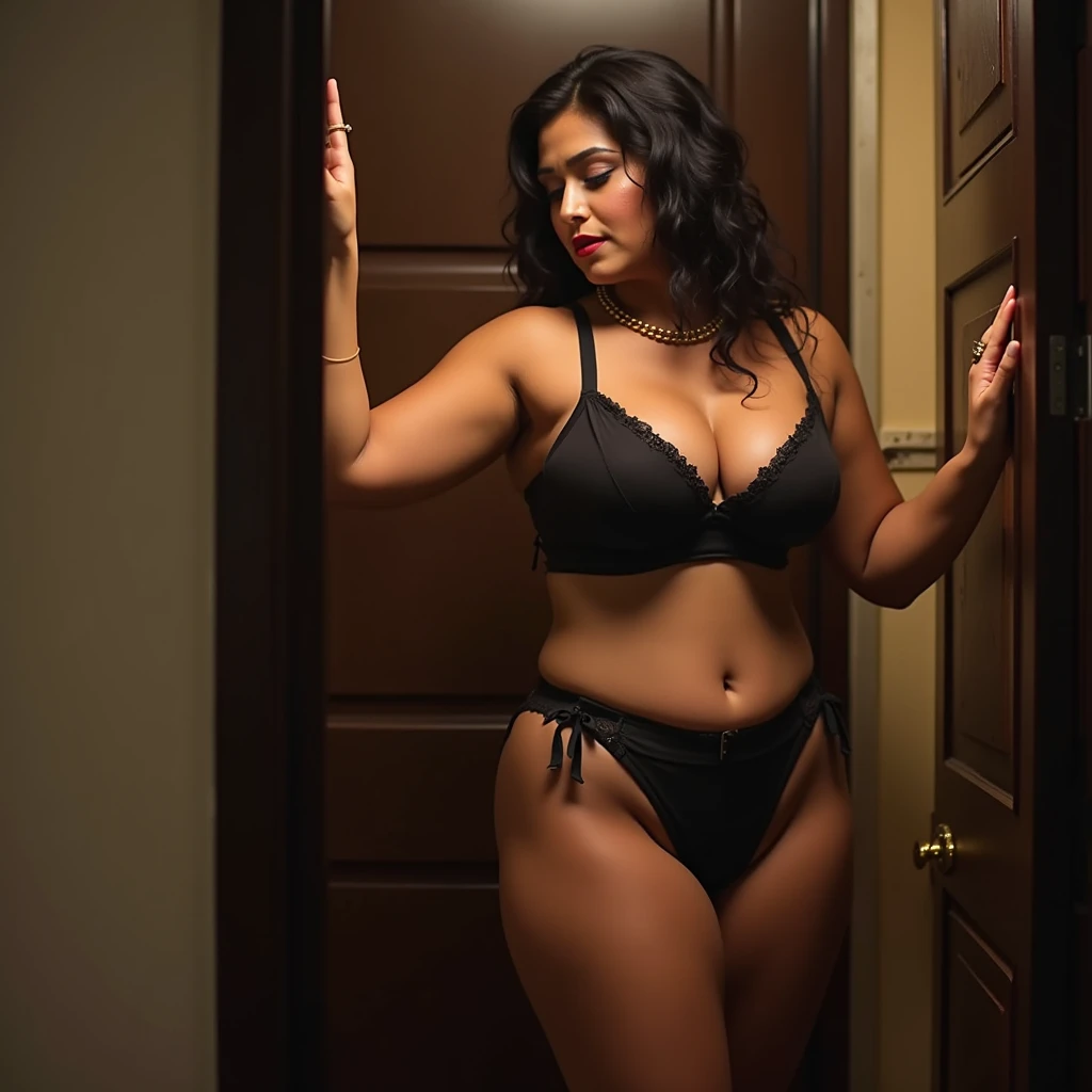 there is a beautiful Indian woman giving standing pose on the floor with a black hair, busty, curvy, beautiful curves, soft curvy shape, powerful pose, red haired goddess, curvy body, masterpiece, best quality, {best quality}, {{masterpiece}}, in lingerie