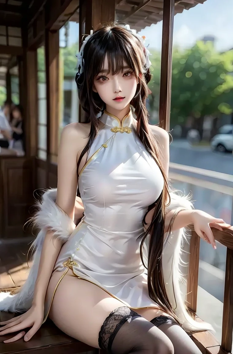 Top image quality、Raw photography、超A high resolution、18-year-old Korean、Glasses beauty、Colossal tits:1.5、cleavage of the breast:1.6、Healthy complexion、shiny white skin、((Hold twin tails))、((Light brown silver hair))、Beautiful eyes with random colors、very thin lips、beautiful eyes finely detailed、elongated eyes、pale pink blush、long eyeslashes、Beautiful double eyelids、eyeshadows、耳Nipple Ring、(Fashionable glasses、White cheongsam、Beautiful legs、Attractive thighs)、street snap、slightly thicker legs、Shot with emphasis on the legs、is standing、Photograph the whole body、Deep slit、Beautiful legs seen through the slit