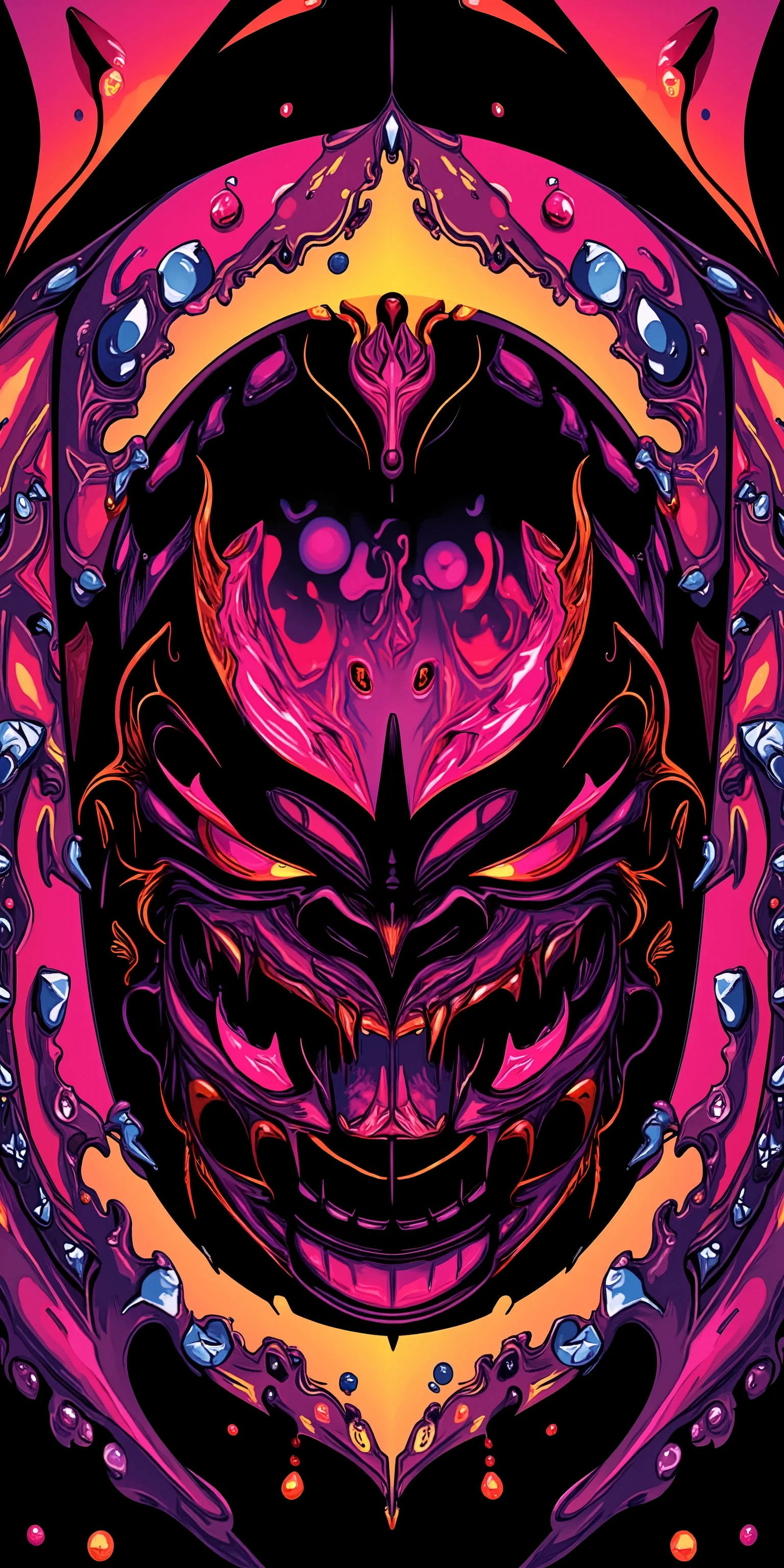 2D Character Oni-Lion Mask::5.8 Logo bold text that say "BLOOD FANGS"::5.6 type glyphs and swooshes diamonds rubies and gems::6.8 Minneapolis Minnesota cityscape 🌆 colors red and orange
