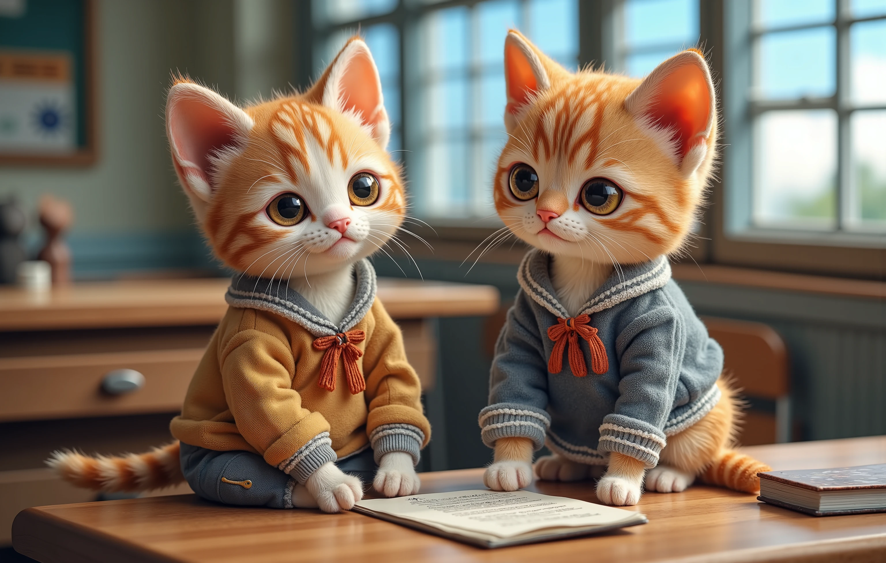  a  cat drawn in size 25, 2 adorable babys , Kitten wearing a Japanese high school uniform,Kitten sitting at a desk studying , blue sky,Detailed and realistic coat ,, background is classroom ,Realistic cat standing on 2 legs, eyes are like beautiful marbles ,There is a textbook on the desk