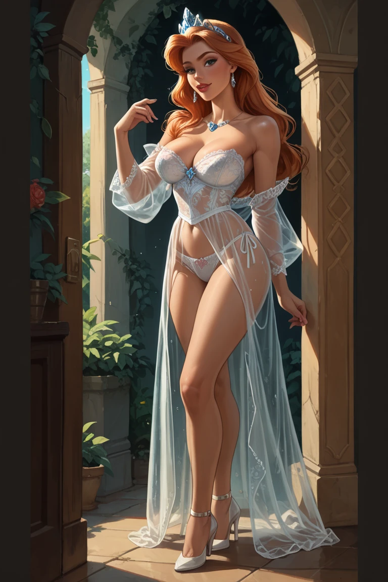 best qualityer, work of art, (realisitic: 1.2), 1 girl, slender girl, ginger hair, eyes browns, 3/4 view, face detailed, gorgeous eyes, eyes gray, breasts small, choker, see through gown, small head, small waist, wide hips, thigh gap