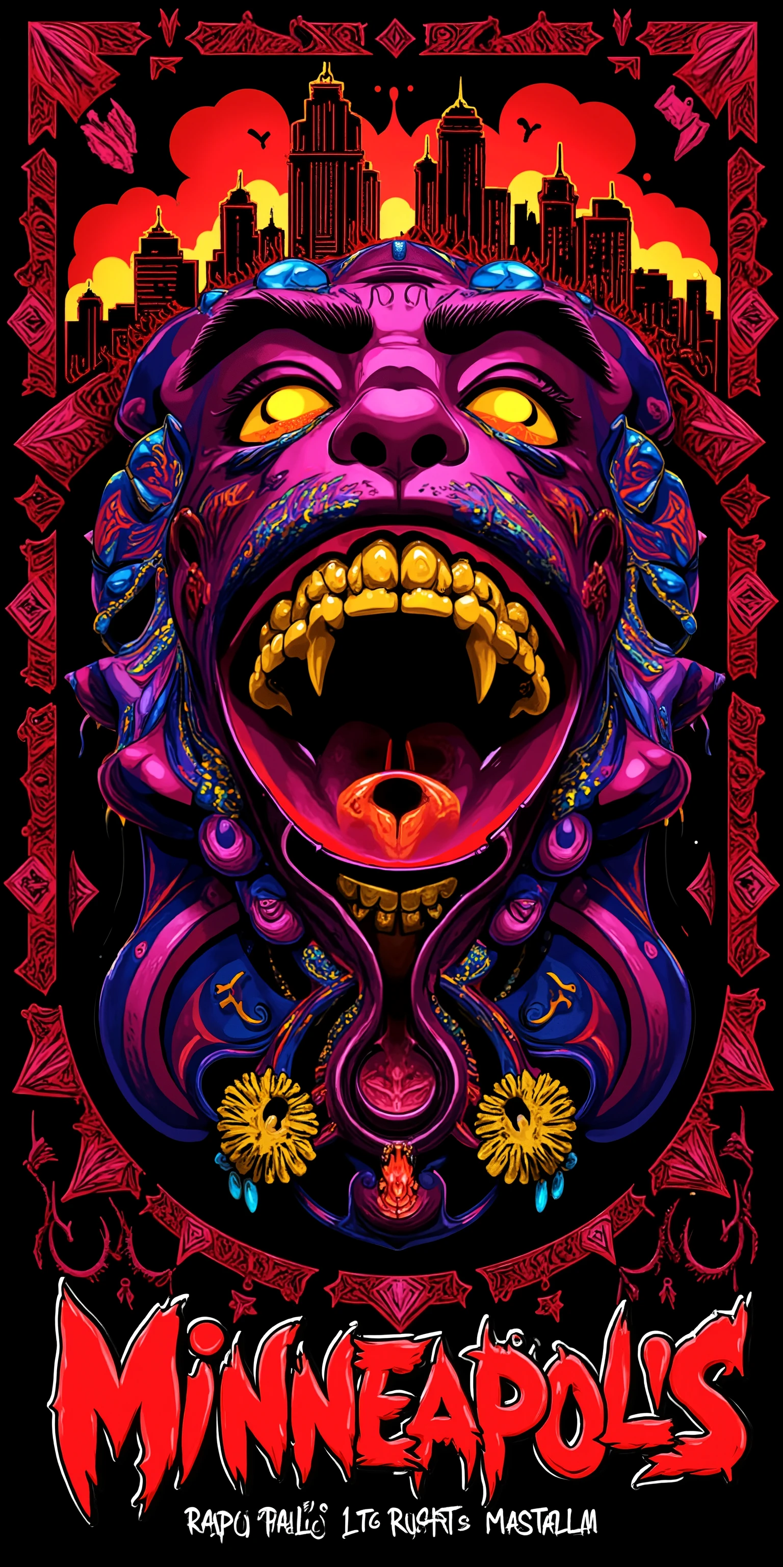 2D Character Oni-Lion Mask::5.8 Logo bold text that say "BLOOD FANGS"::5.6 type glyphs and swooshes diamonds rubies and gems::6.8 Minneapolis Minnesota cityscape 🌆 colors red and orange