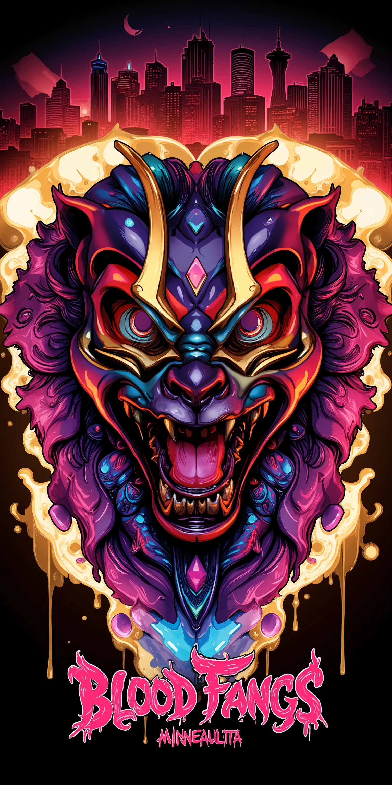 2D Character Oni-Lion Mask::5.8 Logo bold text that say "BLOOD FANGS"::5.6 type glyphs and swooshes diamonds rubies and gems::6.8 Minneapolis Minnesota cityscape 🌆 colors red and orange