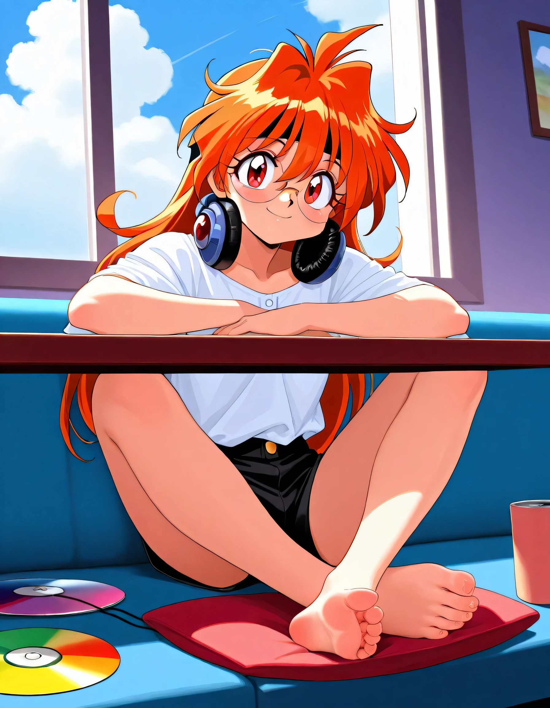 ((feet resting on the table):1.2)lina inverse, wearing headphones, (glasses), casual wear, sitting at the window, sunny day, clouds, looking at viewer, beautiful, cute, high quality, high definition, masterpiece, black shorts, white blouse, black glasses, headphones, cd_player, long_hair, bare feet, feet resting on table, lina_inverse, red hair, smiling, couch, lina inverse, 1girl, orange hair, big eyes, red eyes, headband, long hair, orange hair, 90s anime, best quality,amazing quality,very aesthetic, high resolution, cute smile