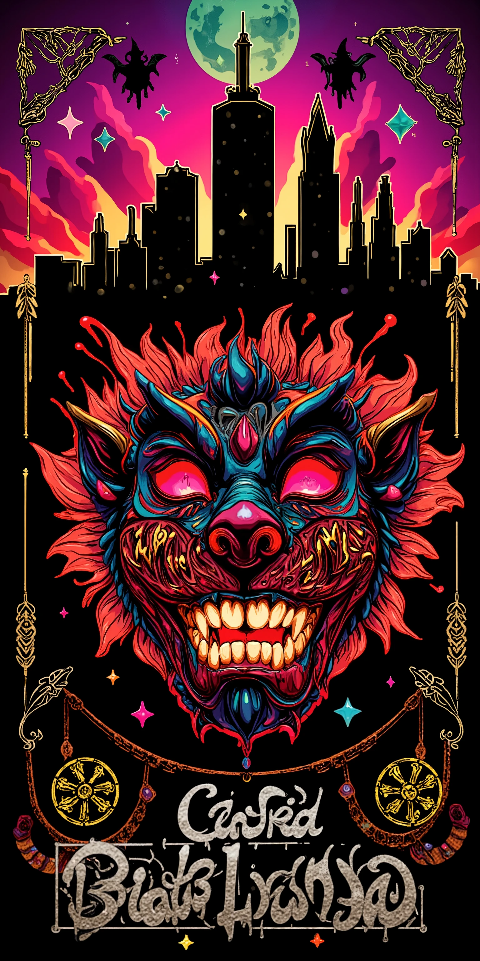 2D Character Oni-Lion Mask::5.8 Logo bold text that say "BLOOD FANGS"::5.6 type glyphs and swooshes diamonds rubies and gems::6.8 Minneapolis Minnesota cityscape 🌆 colors red and orange