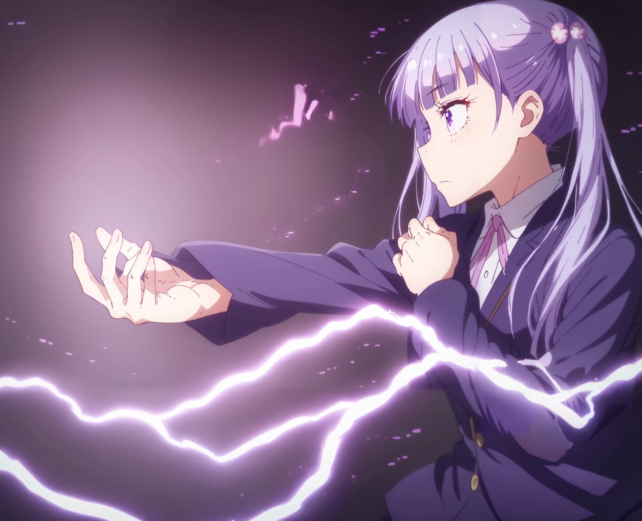 score_9, score_8_up, score_7_up, score_6_up,
BREAK
shisidehollow, from side,
purple theme, profile, electricity, 
1girl, solo,aoba suzukaze, eyebrows, hair ornament, long hair, purple eyes, purple hair, twintails,