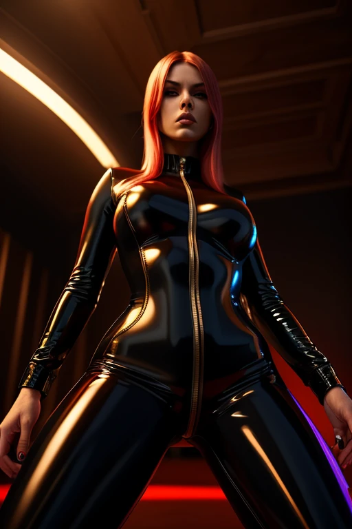 1girl, solo, latex ((Latex Hood bondage)), bondage, fetish, shiny, kinky, submissive, restrained, bdsm, rubber suit, chastity belt, high heels, latex gloves, rubber encasement, bondage equipment, sexual denial, arousal, latex tank top, pants, belt, gloves, boots