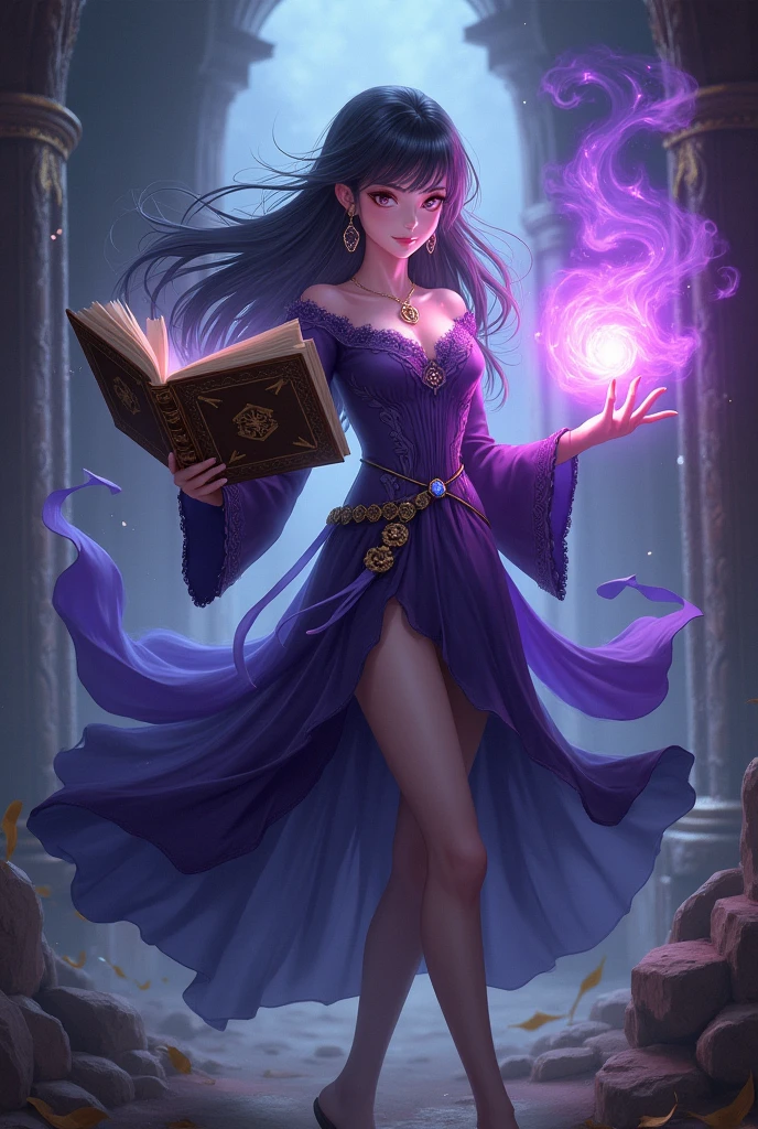 a sorceress casting a FireMagicAI spell in magical library exquisite beautiful human woman ((full body shot: 1.5)), ((anatomically correct: 1.5)) (ultra detailed face: 1.2), dynamic skin complexion, dynamic hair style, dynamic hair color,  she is wearing a long dark dress, intricate dark dress, small cleavage, long white cloak, (high heeled boots: 1.3) fantasy magical laboratory, books, potions, and magical study items,  background,  vibrant, Ultra-high resolution, High Contrast, (masterpiece:1.5), highest quality, Best aesthetics), best details, best quality, highres, 16k, [ultra detailed], masterpiece, best quality, (extremely detailed) RAW, fantasy art, dnd art, fantasy art, realistic art,  (ultra details, Masterpiece, best quality), FireMagicAI, Cinematic Hollywood Film, Intense gaze