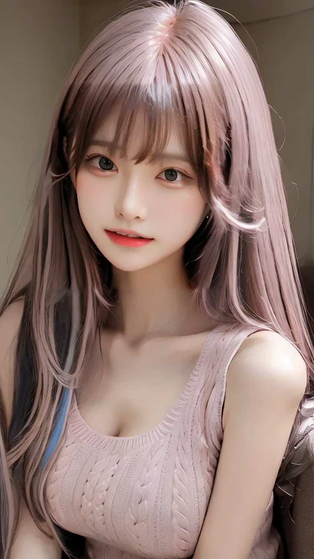 Canon RF85mm f/1.2,masterpiece,highest quality,Ultra-high resolution,VC,1 girl,(Korean Mix,K-POPアイドル:1.2),alone,white_Shiny_skin,Iris,necklace,((pink_length_Wavy_hair)),((pink_Shiny_lips)),eyelash,Front hair,make,compensate,Shiny,pore,skin texture,bracelet,Large Breasts,smile,looking at the camera,Dimples,Photographed in underwear,