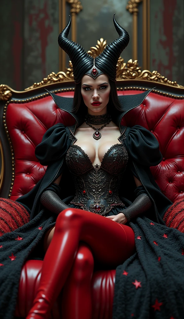 a picture of a vampire queen sitting on her dark throne, a vampire queen wearing dark red dress, royal dress, dynamic hair, bold intense eyes, extremely exquisite beautiful queen, ultra feminine, ultra detailed face, red lips, red glowing eyes, she sits on a dark frightful, a throne of fear, and might, throne carved from black marble , symmetric design, with many carvings in the marble, decorated with rubies, and opal gems, dark fantasy hall room background, (masterpiece: 1.4) intense details, highly detailed, photorealistic, best quality, highres,16k, [ultra detailed], masterpiece, best quality, (extremely detailed), close up, ultra wide shot, photorealistic, RAW, fantasy art, dnd art, fantasy art, realistic art,((best quality)), ((masterpiece)), (detailed: 1.5), ladyshadow, RagingNebula