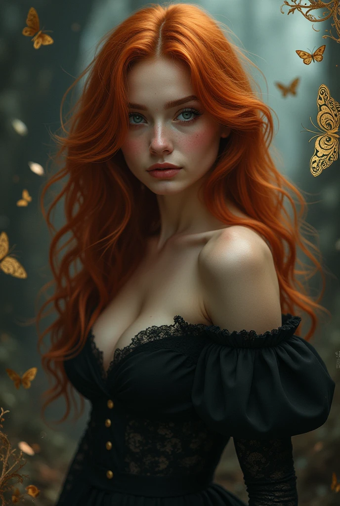 (solo, full body photo:1.3), (action packed:1.3), (haze, fog, mist:1.3), chiaroscuro, best quality, photorealistic, 1woman, (cute), (24yo:1.2), redhead, long ginger hair highly detailed, 1700'S, digital photography, art by artgerm and ruan jia and greg rutkowski surreal painting gold butterfly filigree, broken glass, (masterpiece, sidelighting, finely detailed Fashionable eyes: 1.2) (perfect oval large eyes that gazes at the viewer), beautiful detailed face, blue gorgeous perfect eyes, (blonde hair ponytail), (attractive young woman:1.3), (thick amazing hair), (seductive:1.1), (blushing:1.1)