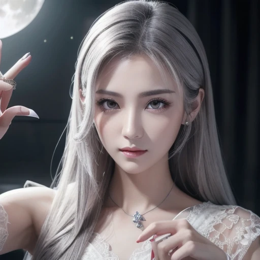 simple hands:0.5)+(Detailed hands:0.7), (masterpiece), (best quality), white hair, red Eye,1 girl, pale skin, white hair, red Eye, two tone hair, eyelash, bracelet, jewelry, Smile, skin sparkling, shiny hair, Detailed and majestic stage, fantasy, long hair, 1 girl, bicolor hair, night sky, 令人难以置信的细致CG插画masterpiece, looking at you, japanese manga, beautiful japanese manga Eye, beautiful detailed Eye, Eye, glittering Eye, red Eye, galaxy, nebula, (whole body), (bending),
