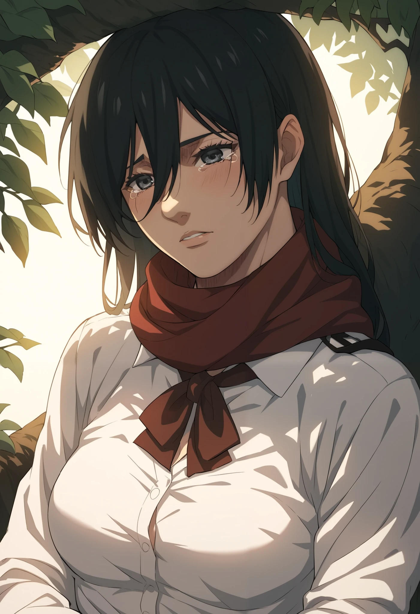 score_9, score_8_up, score_7_up, BREAK source_anime, long hair mikasa ackerman, score_9, score_8_up, score_7_up, BREAK source_anime, long hair mikasa ackerman, sitting under a tree in a peaceful countryside setting. She has long dark hair with a few loose strands framing her face. Her expression is sorrowful, with large, teary eyes. She wears a white buttoned shirt, a light pink cardigan, and a red scarf. The background shows a serene village with a distant castle and lush greenery. The lighting is soft, capturing the warmth of the sunlight filtering through the trees.